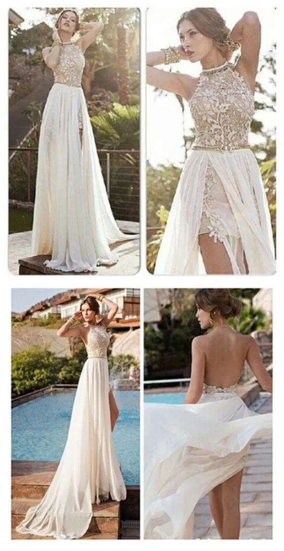 Sexy Lace Backless Long Chiffon Prom Dresses, High Neckline Halter Side Slit Prom Dresses, Evening Party Prom Dresses, PD0018