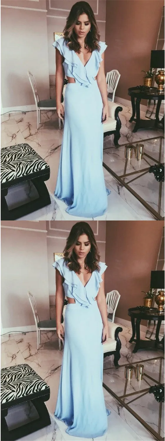 Sheath V-Neck Cut-out Blue Satin Long Prom Dresses with Ruffles, TYP1883
