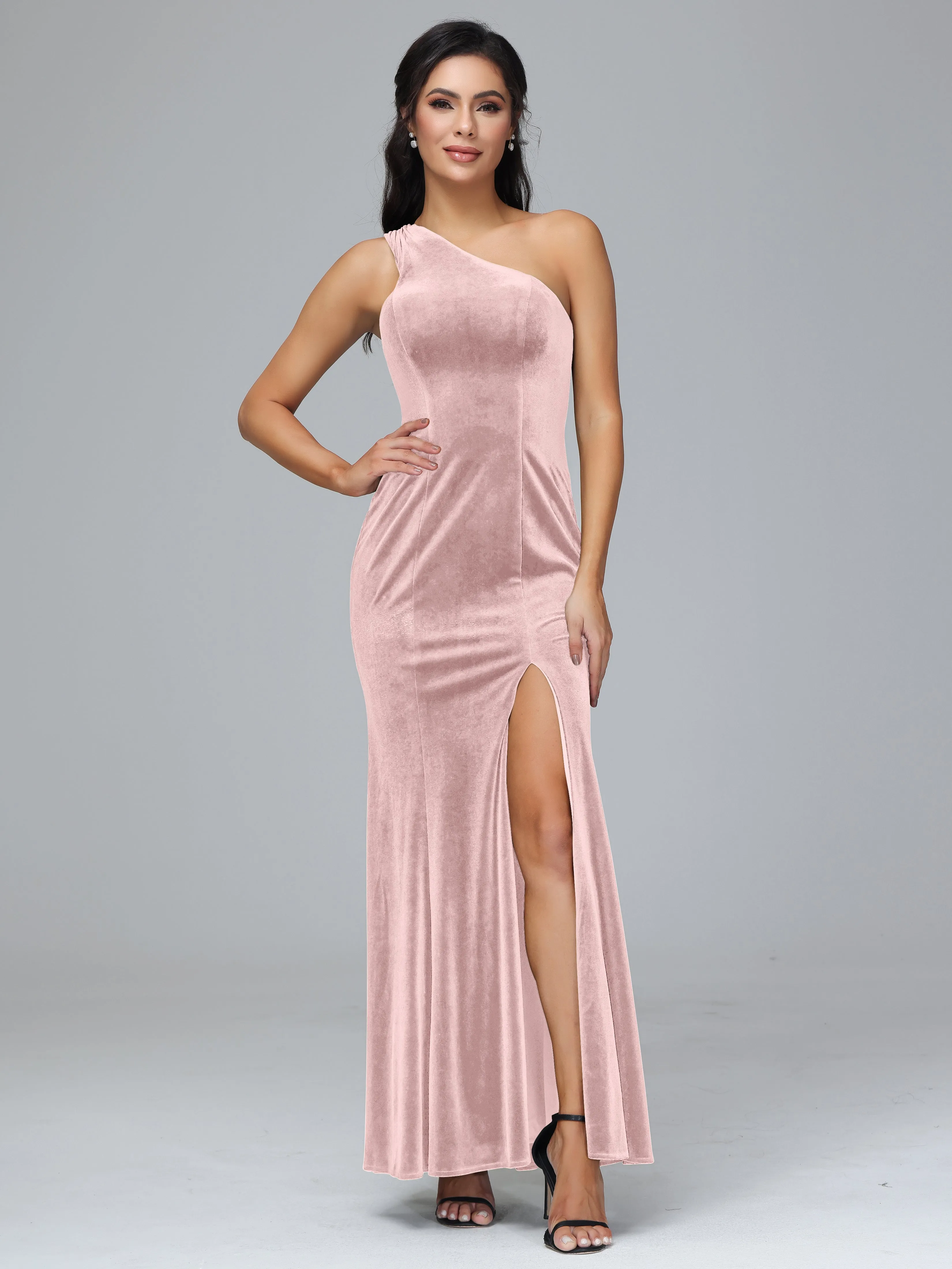 Sheath/Column One Shoulder Long Velvet Bridesmaid Dresses With Split