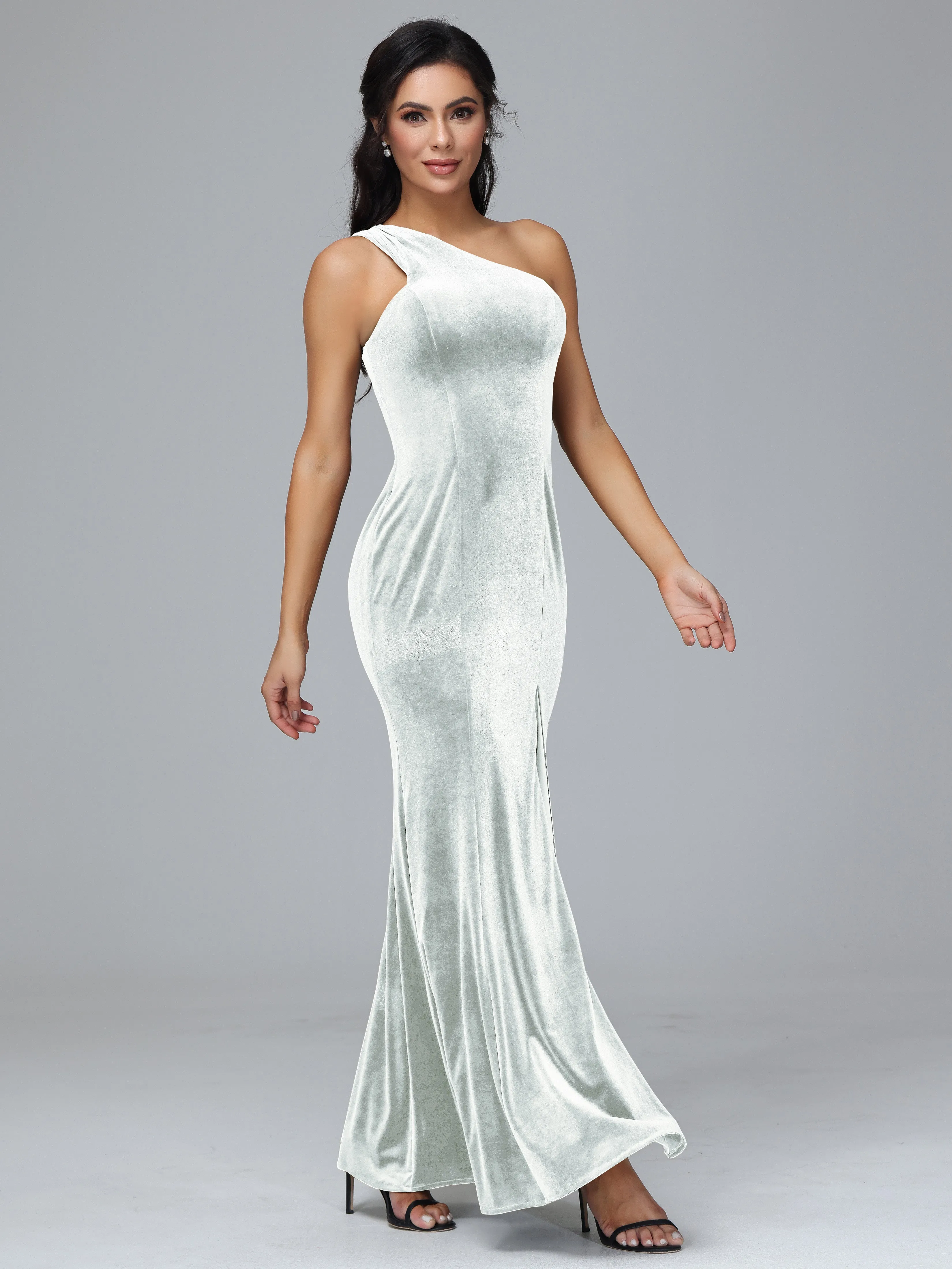 Sheath/Column One Shoulder Long Velvet Bridesmaid Dresses With Split