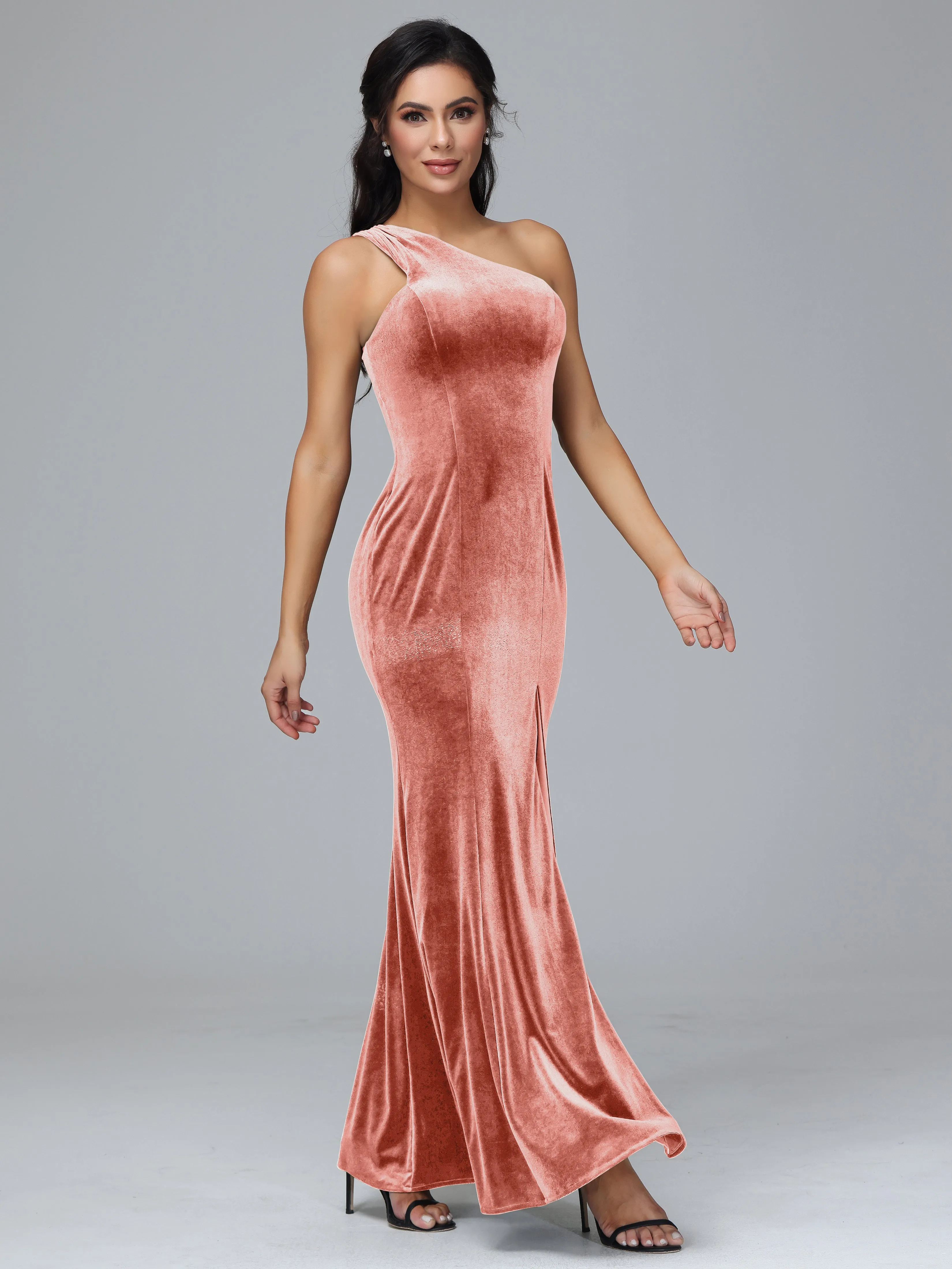 Sheath/Column One Shoulder Long Velvet Bridesmaid Dresses With Split