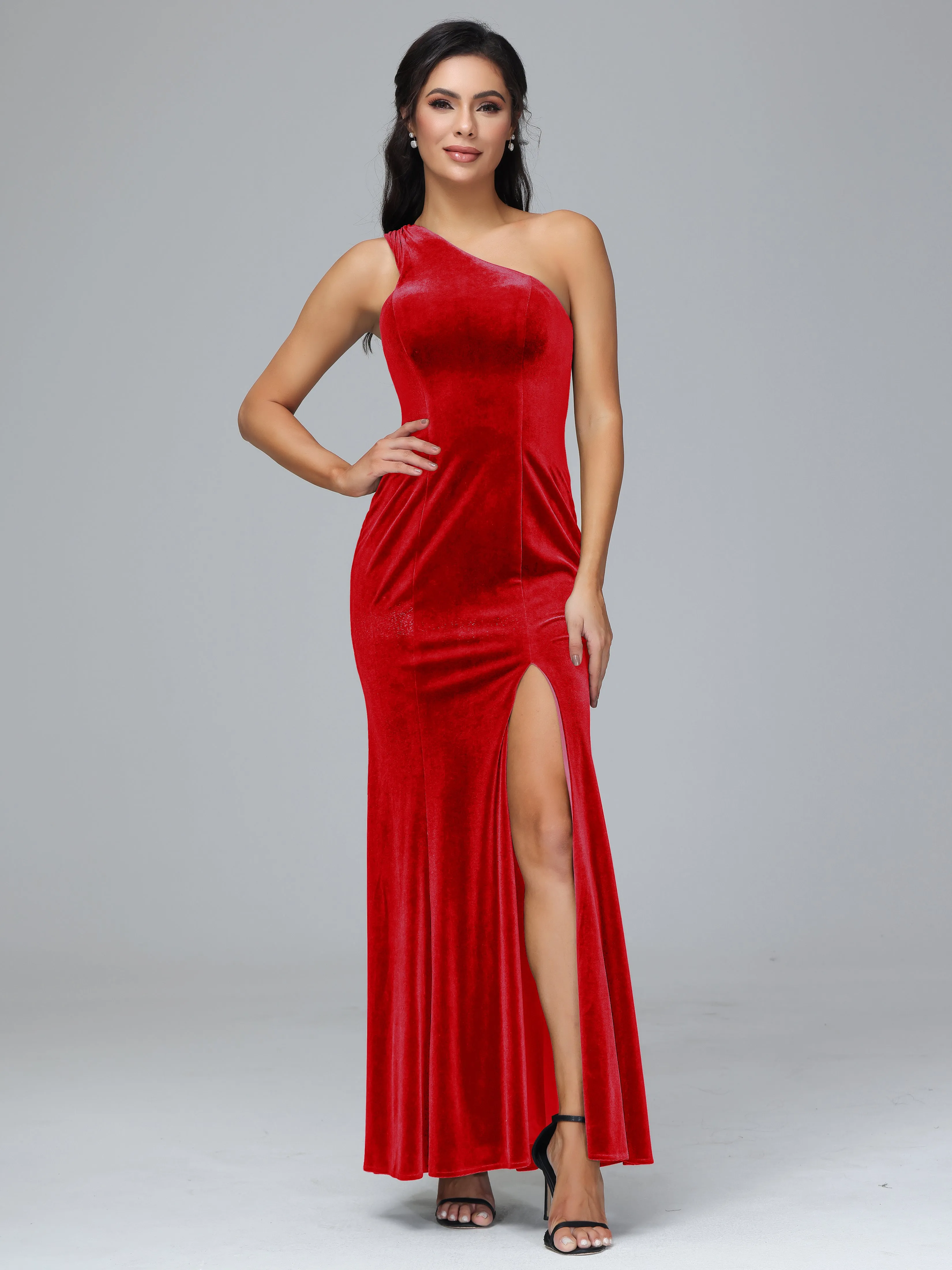 Sheath/Column One Shoulder Long Velvet Bridesmaid Dresses With Split