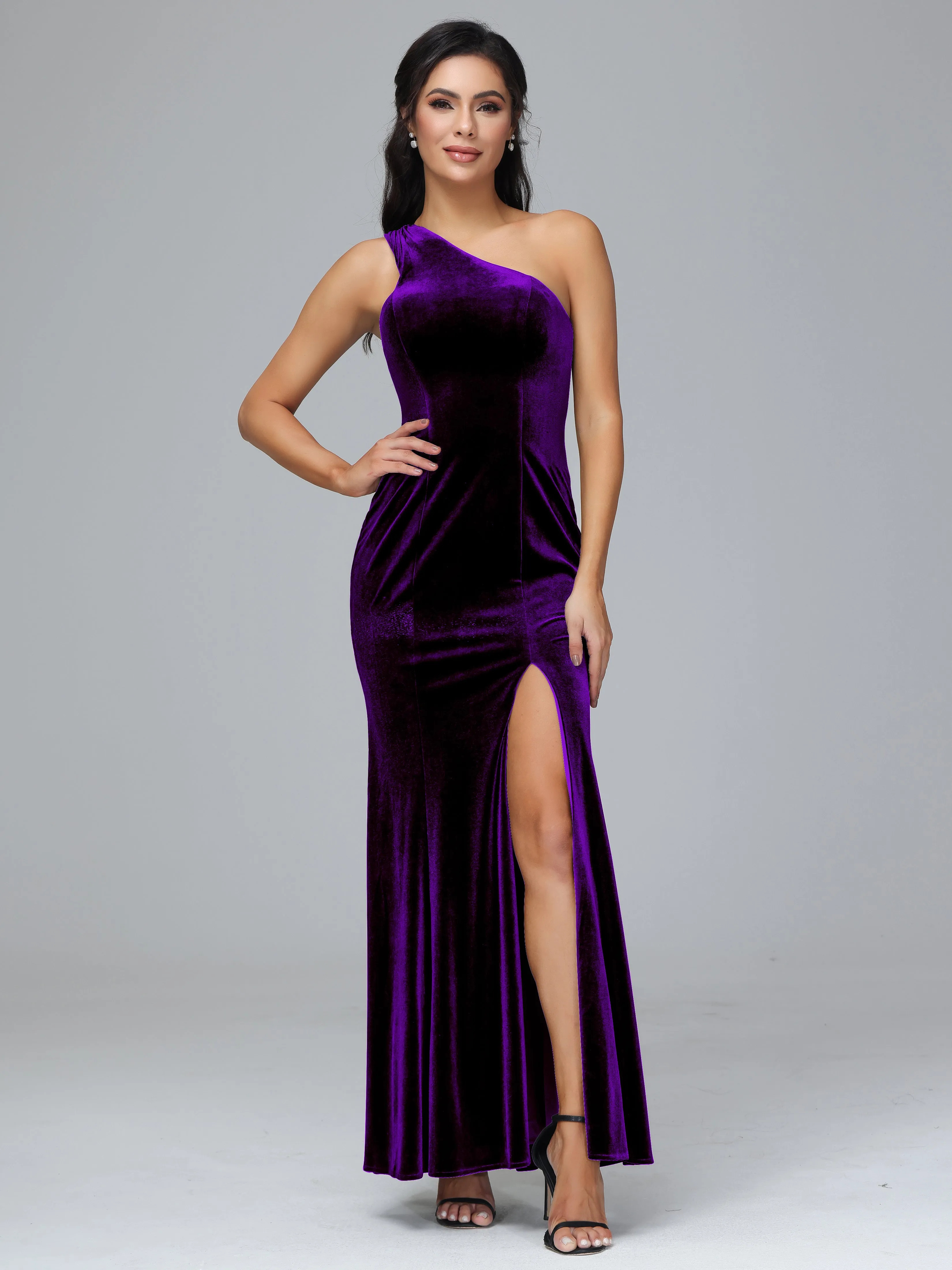 Sheath/Column One Shoulder Long Velvet Bridesmaid Dresses With Split