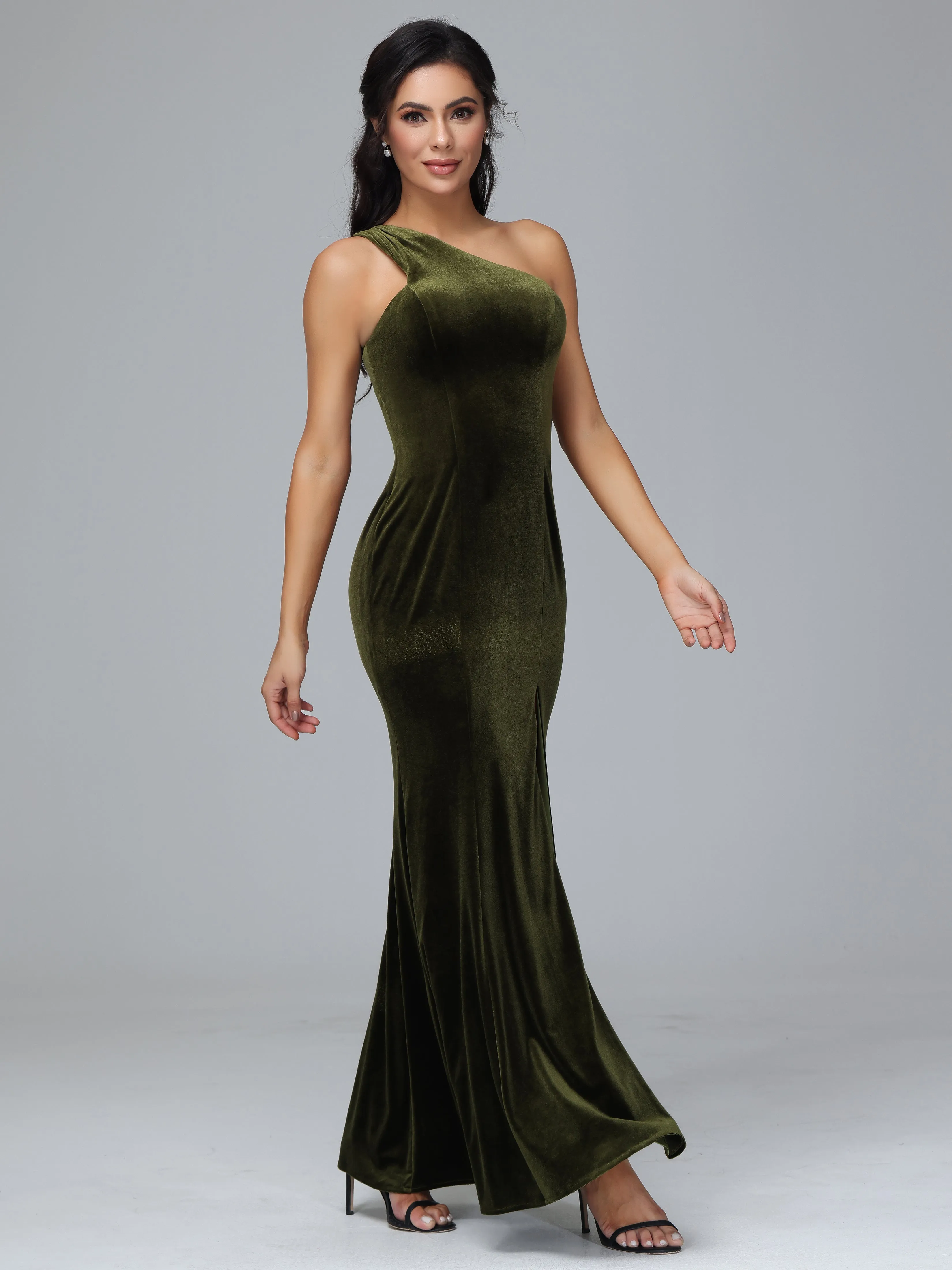 Sheath/Column One Shoulder Long Velvet Bridesmaid Dresses With Split