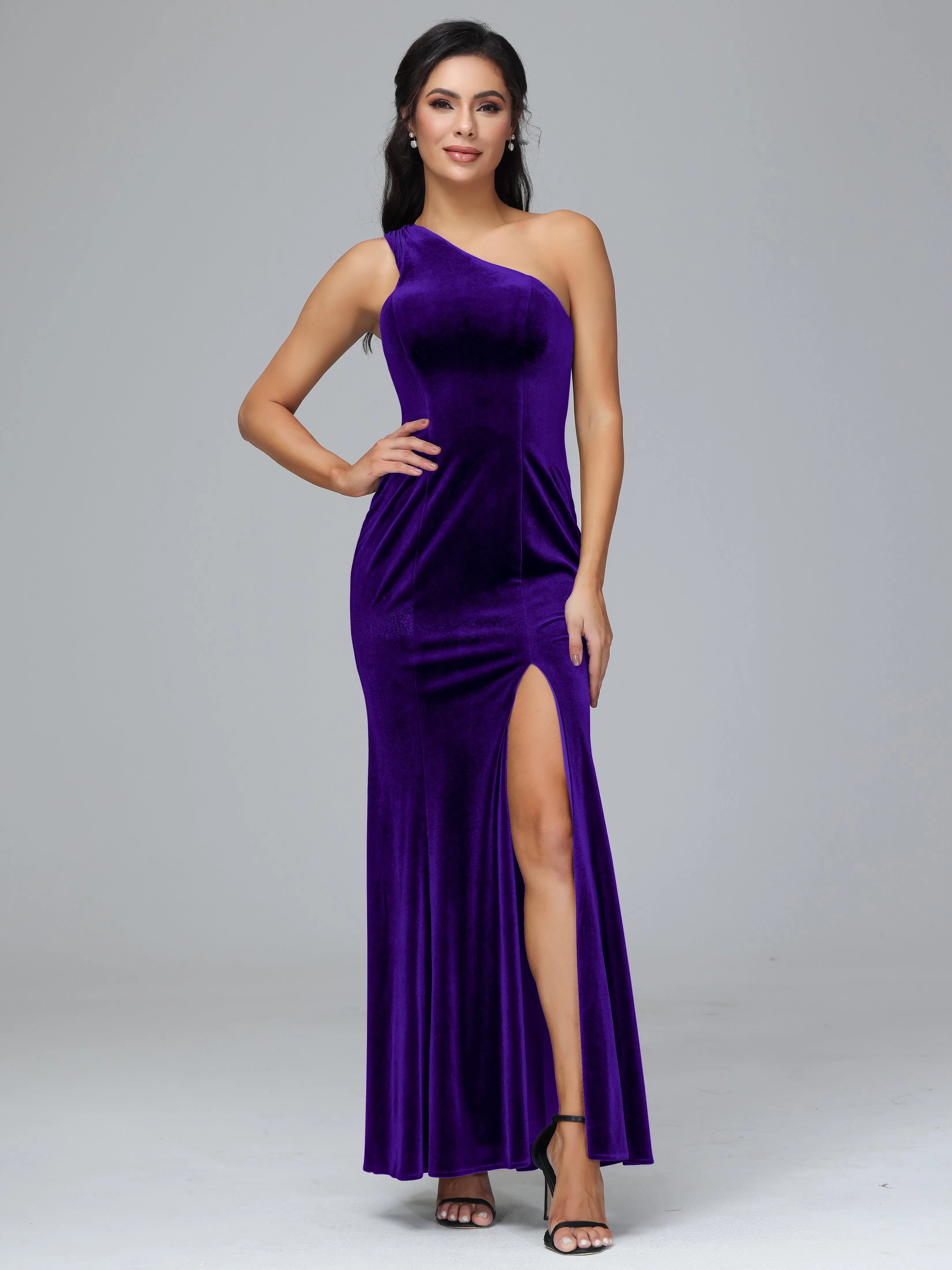 Sheath/Column One Shoulder Long Velvet Bridesmaid Dresses With Split