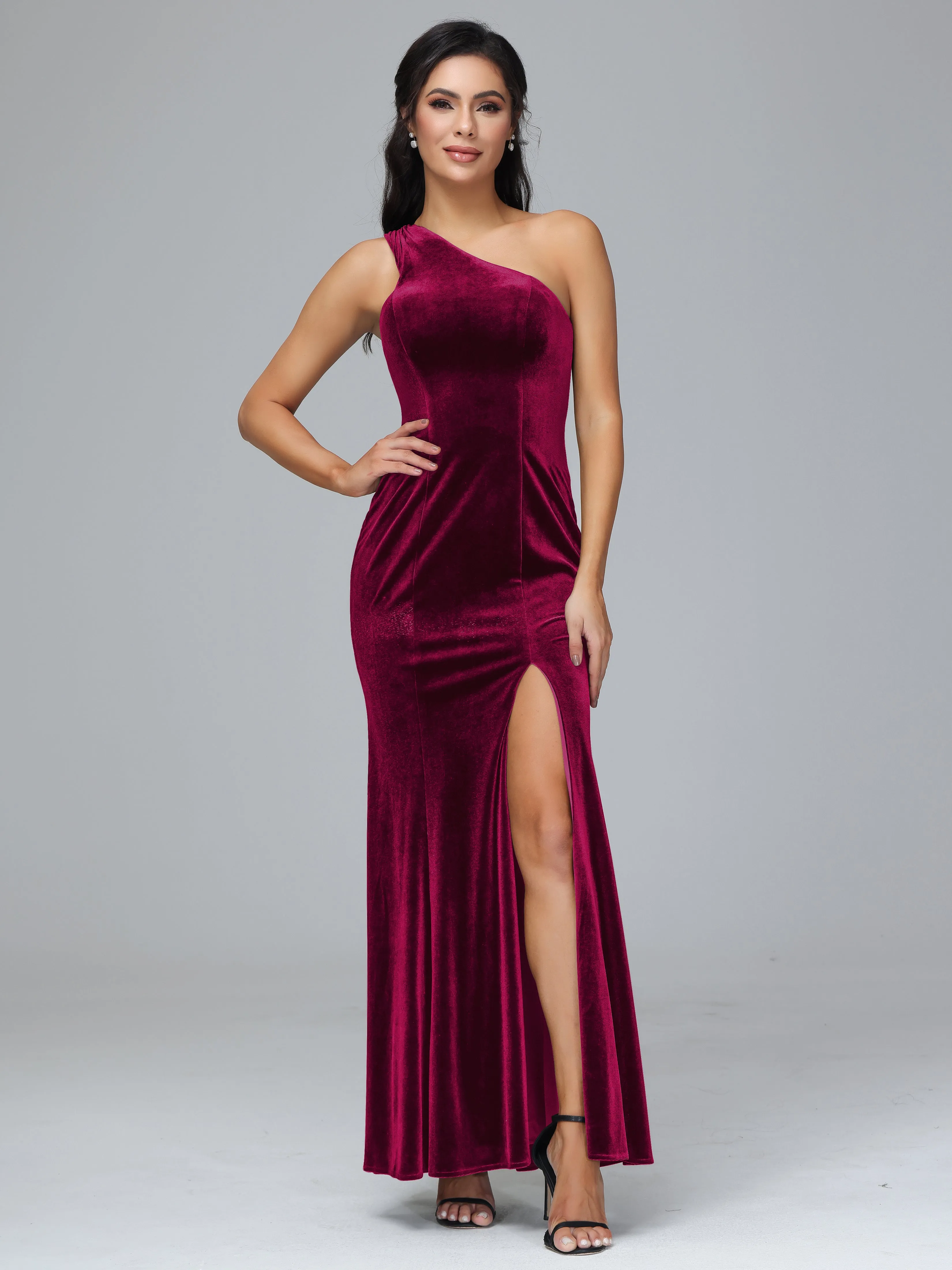 Sheath/Column One Shoulder Long Velvet Bridesmaid Dresses With Split