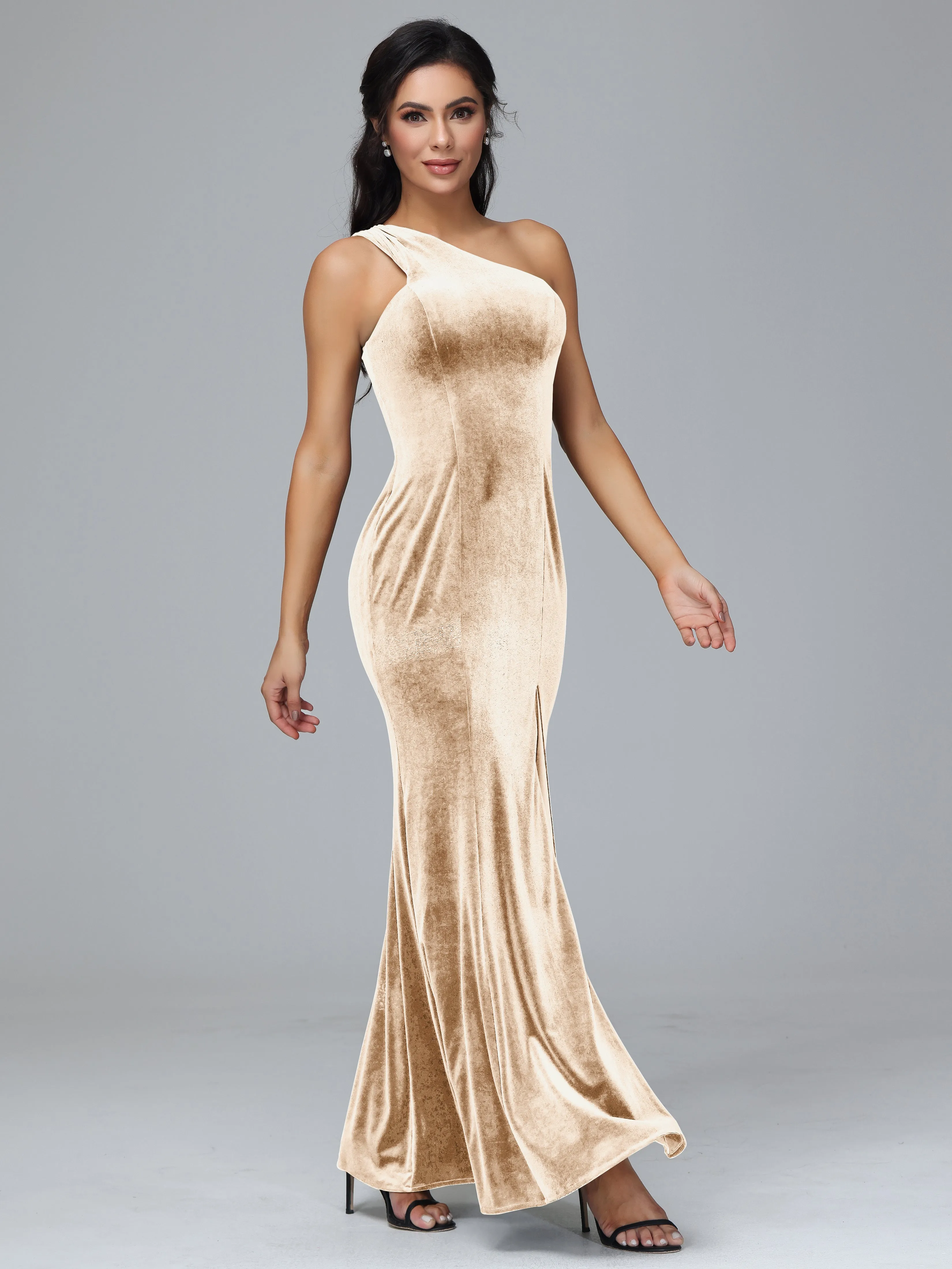 Sheath/Column One Shoulder Long Velvet Bridesmaid Dresses With Split