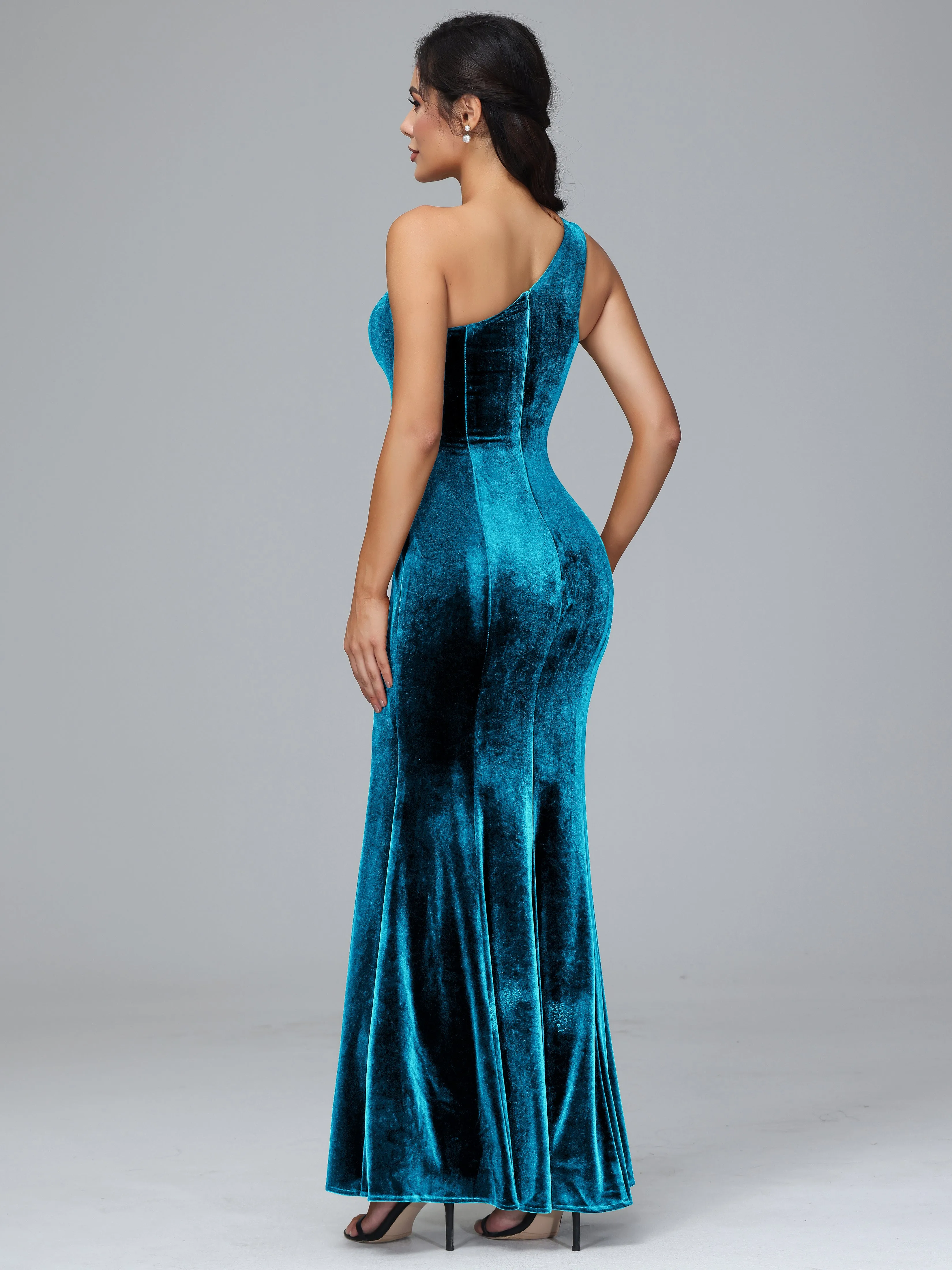 Sheath/Column One Shoulder Long Velvet Bridesmaid Dresses With Split