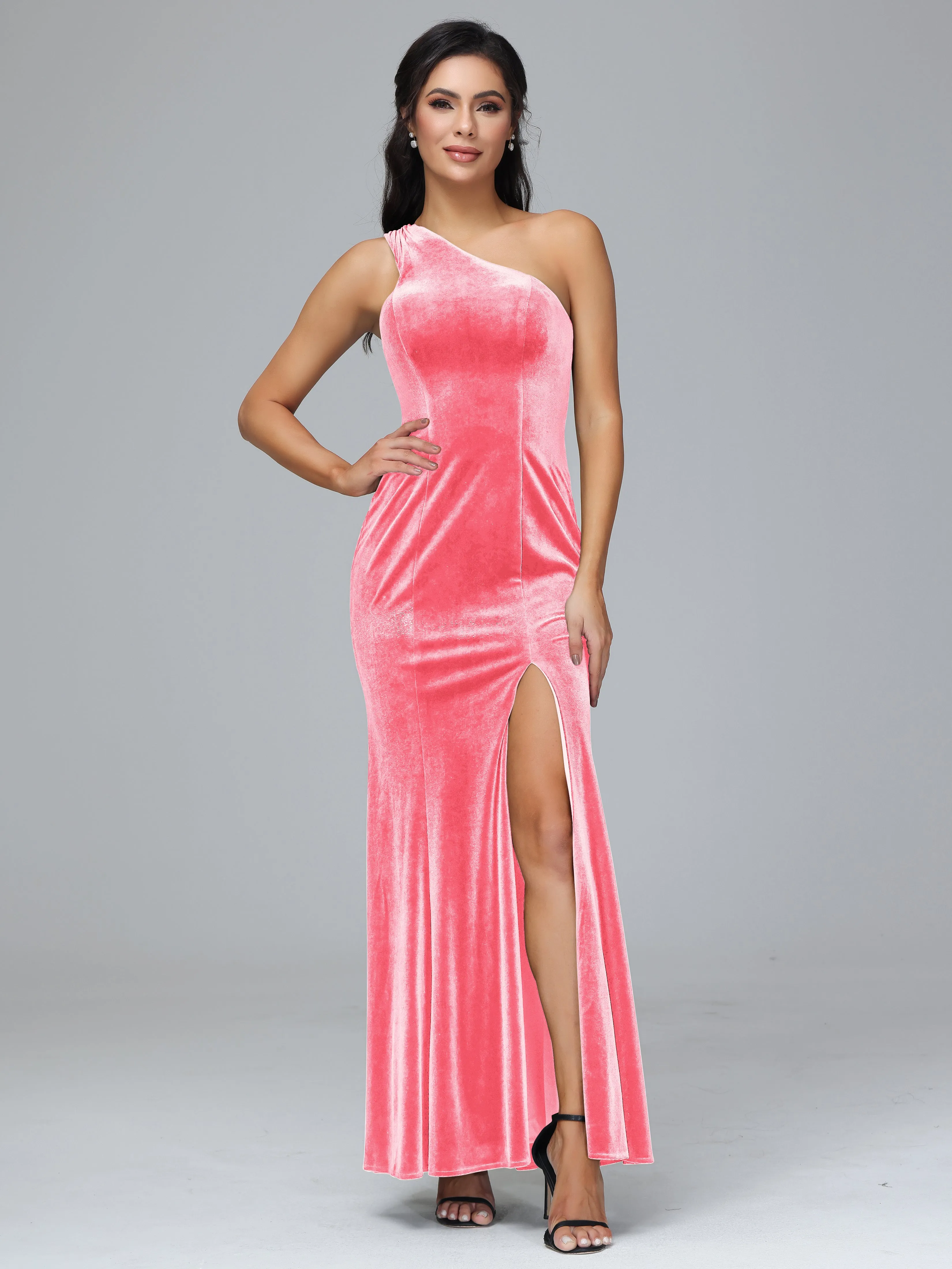 Sheath/Column One Shoulder Long Velvet Bridesmaid Dresses With Split