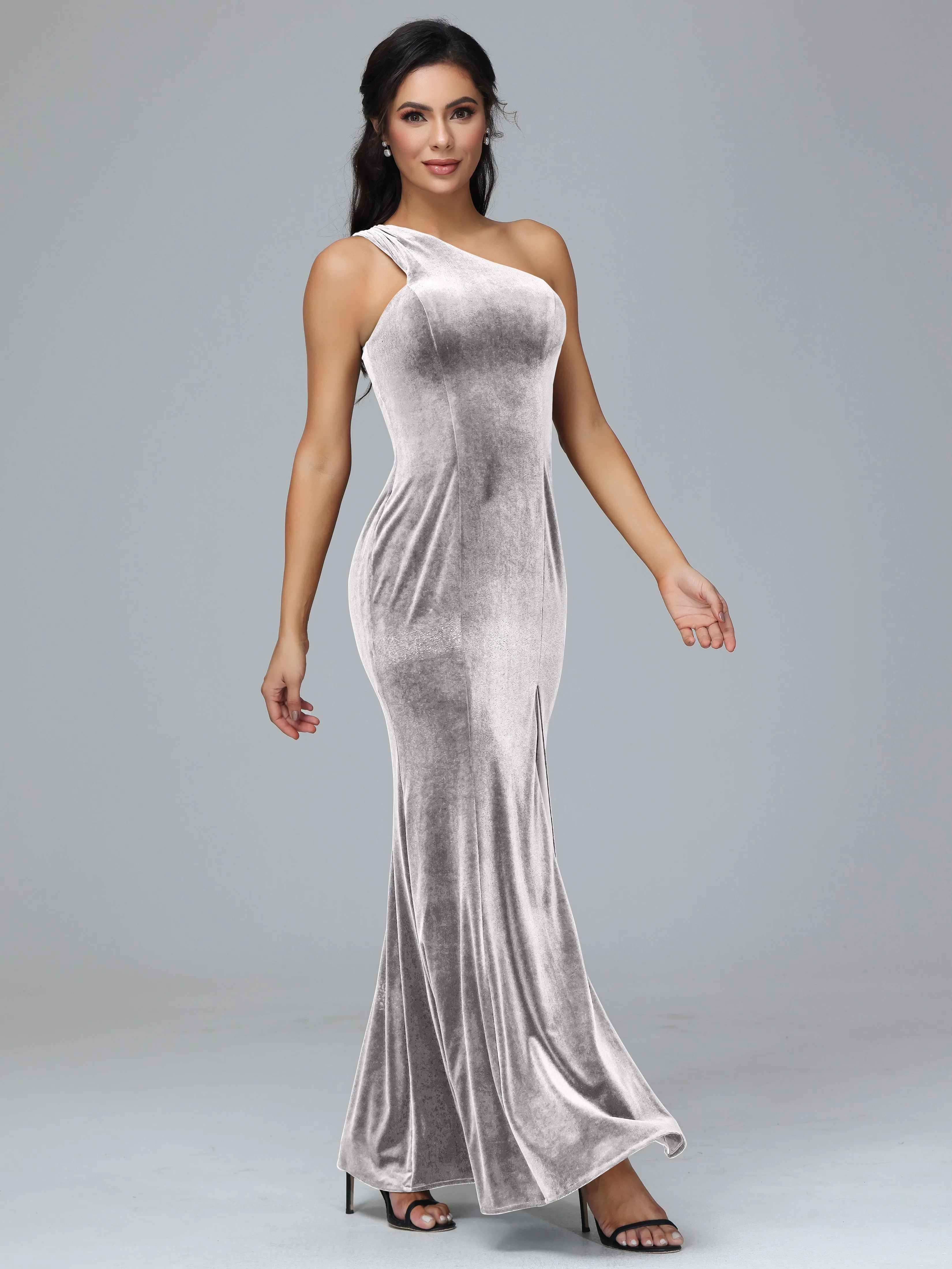 Sheath/Column One Shoulder Long Velvet Bridesmaid Dresses With Split