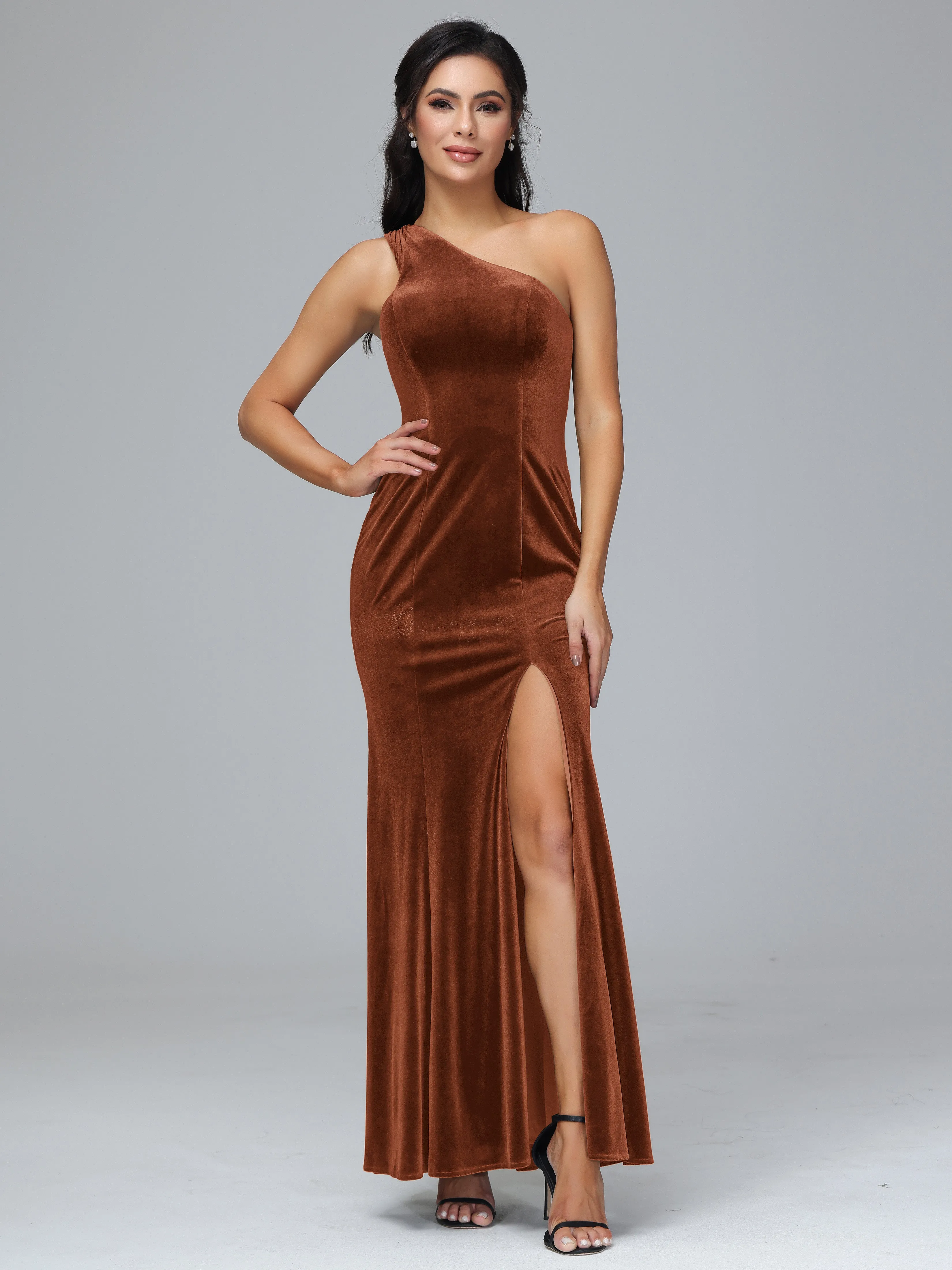 Sheath/Column One Shoulder Long Velvet Bridesmaid Dresses With Split