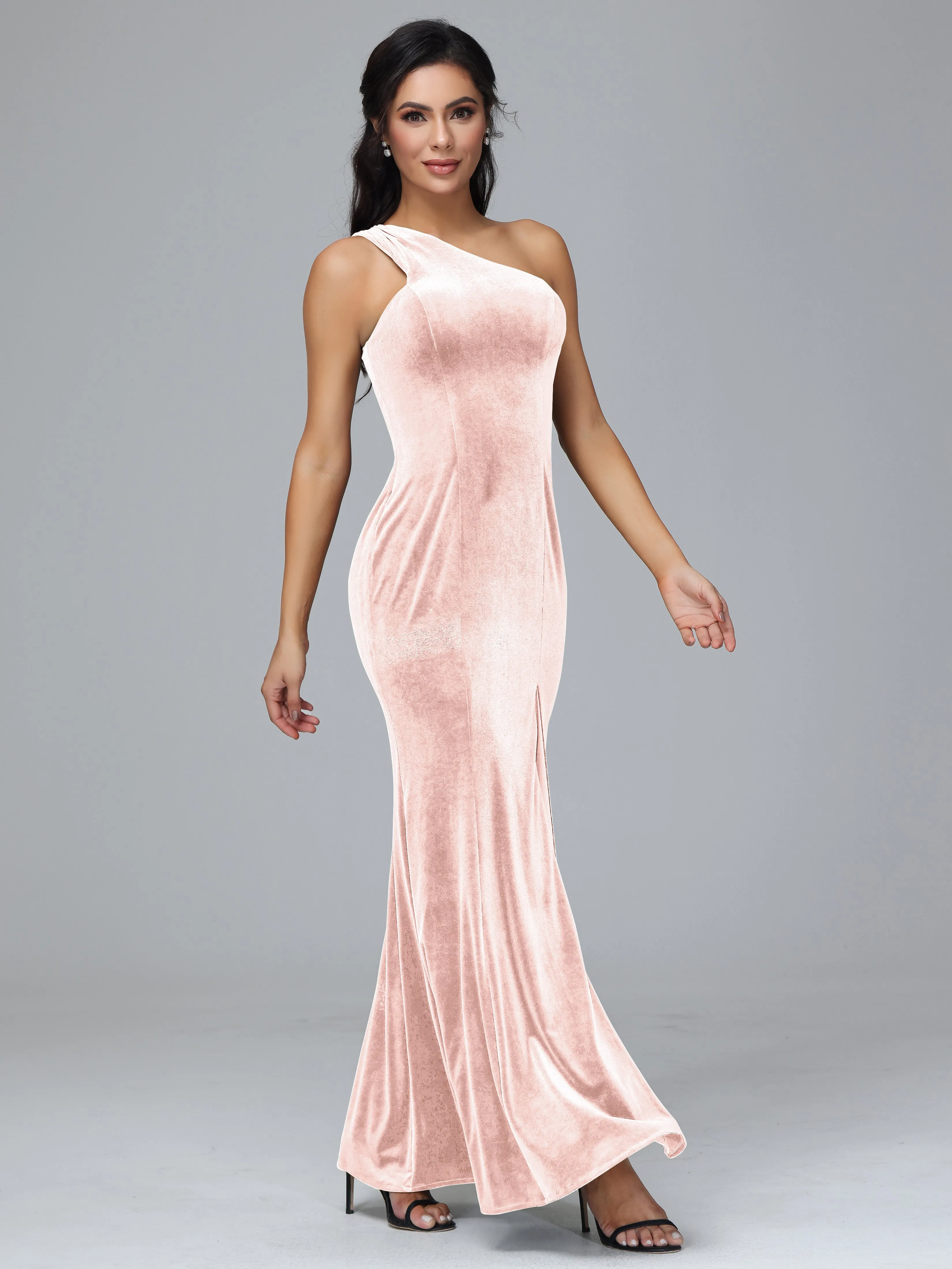 Sheath/Column One Shoulder Long Velvet Bridesmaid Dresses With Split