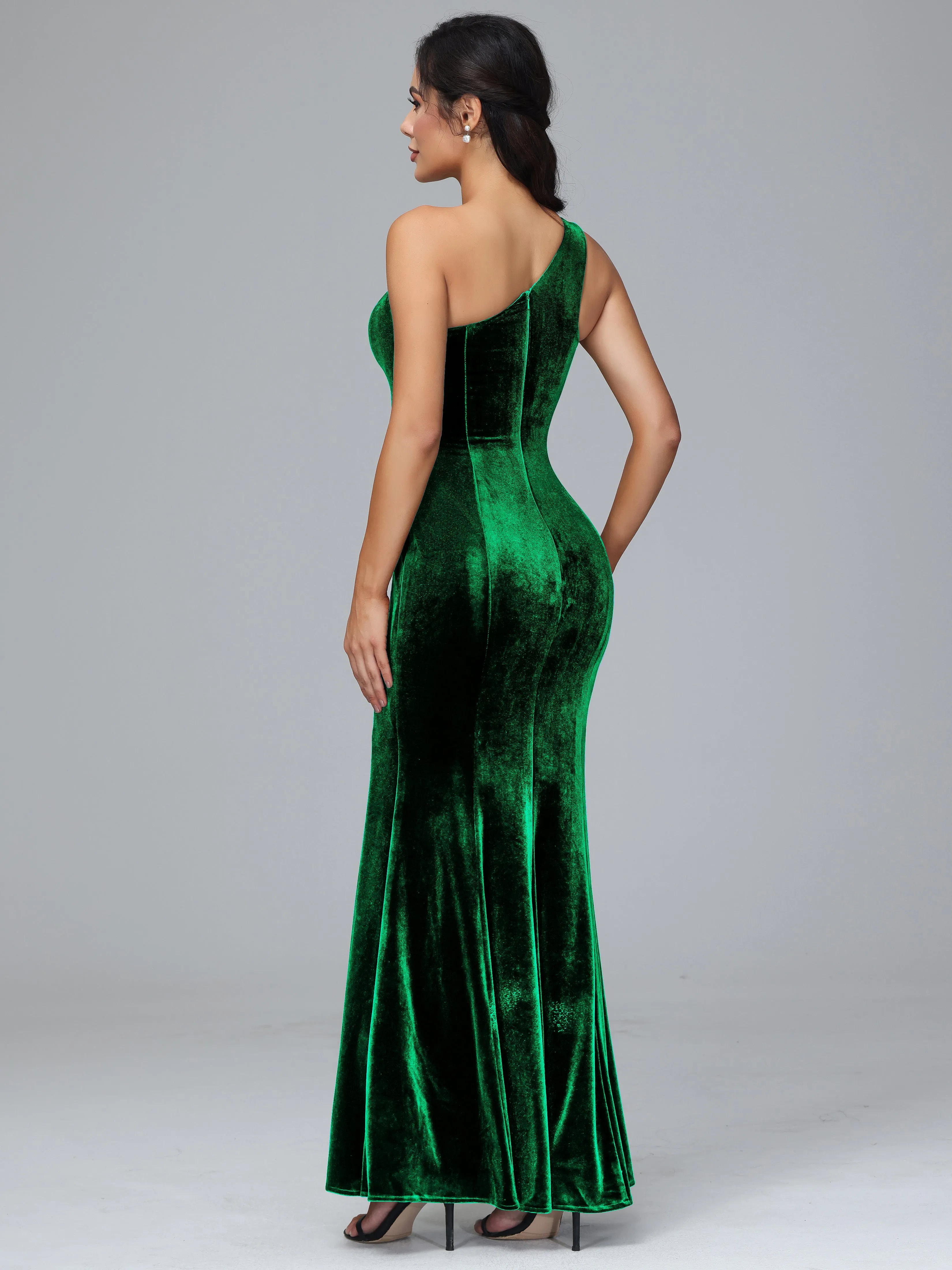 Sheath/Column One Shoulder Long Velvet Bridesmaid Dresses With Split