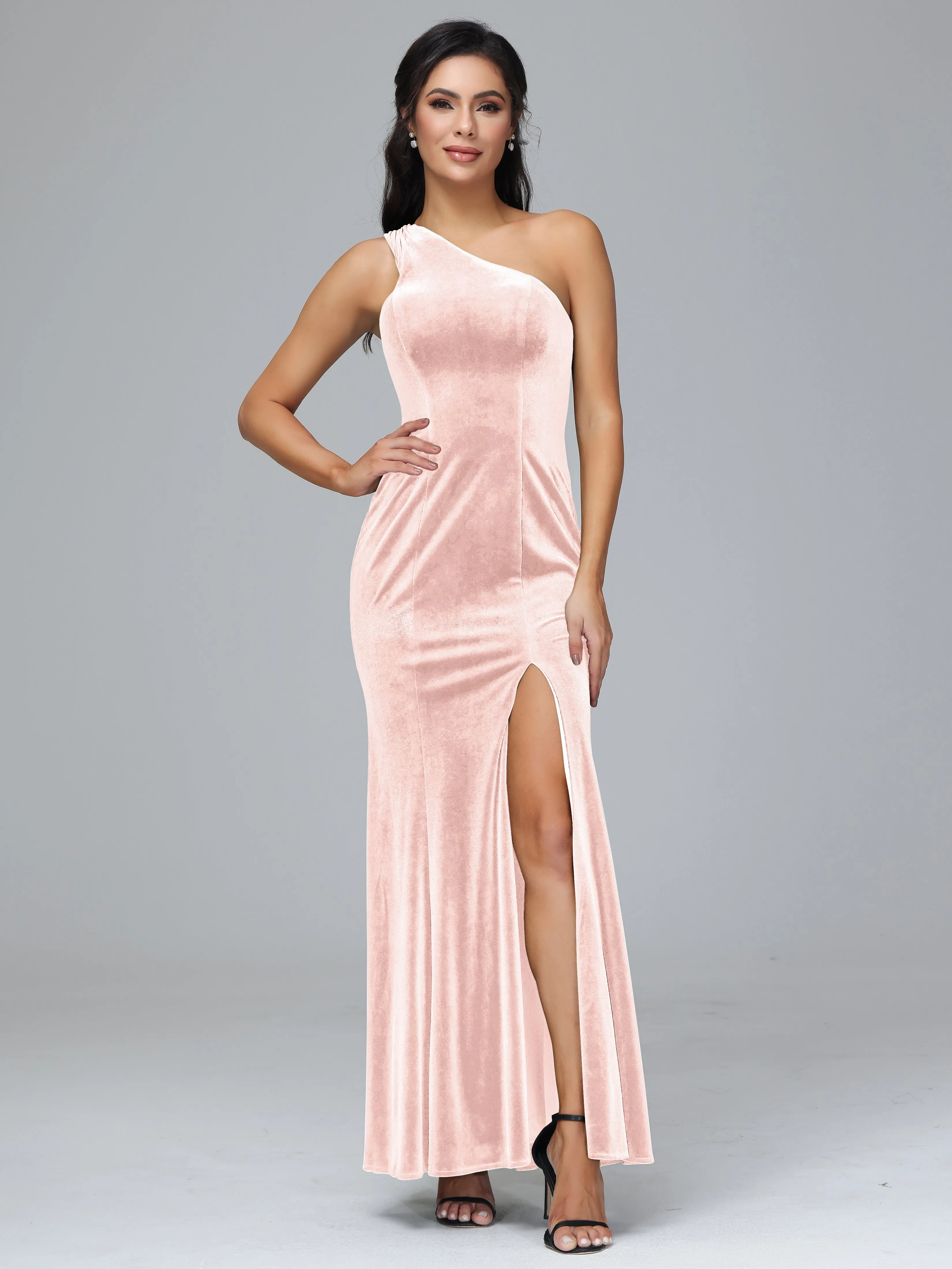 Sheath/Column One Shoulder Long Velvet Bridesmaid Dresses With Split