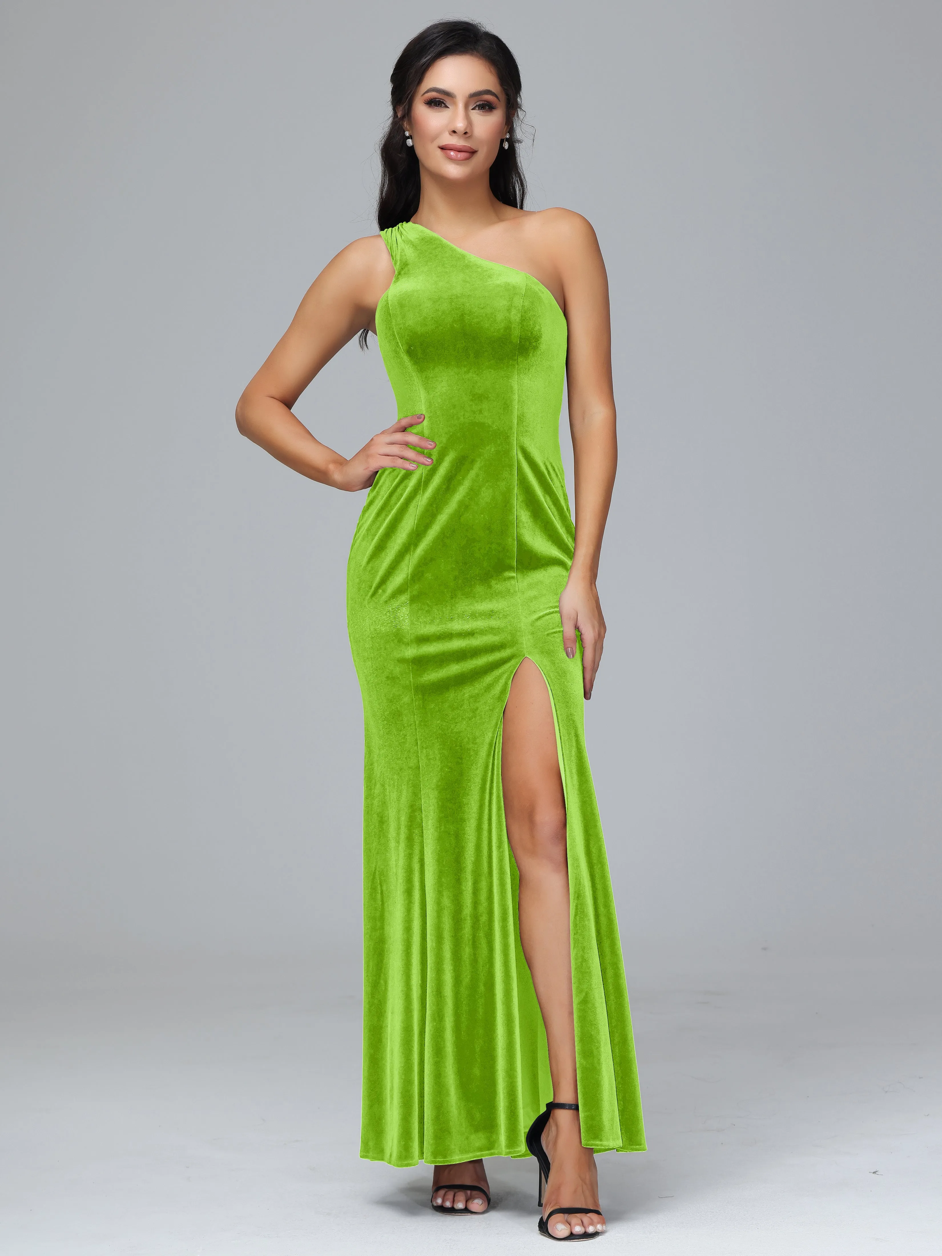 Sheath/Column One Shoulder Long Velvet Bridesmaid Dresses With Split