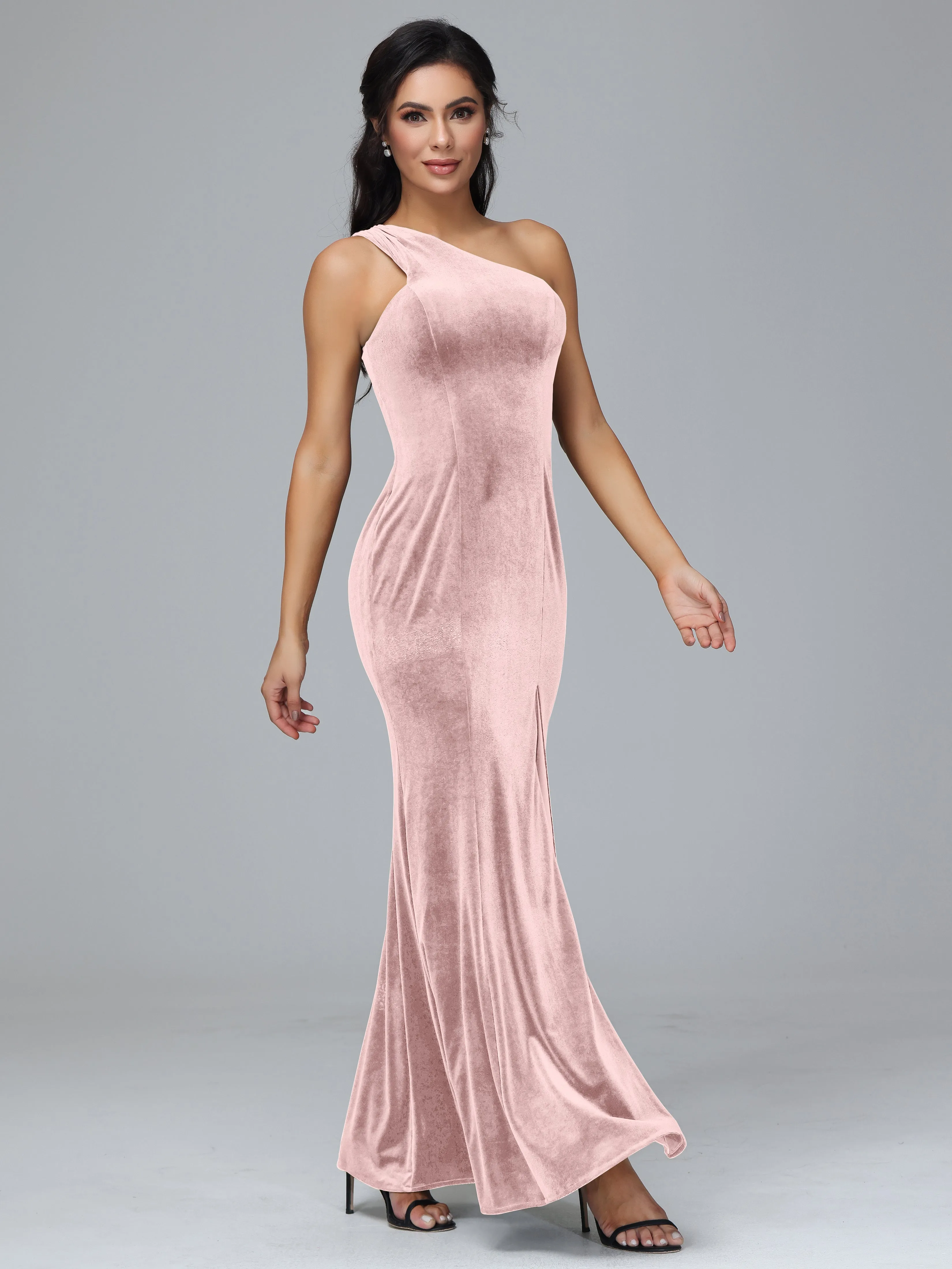 Sheath/Column One Shoulder Long Velvet Bridesmaid Dresses With Split