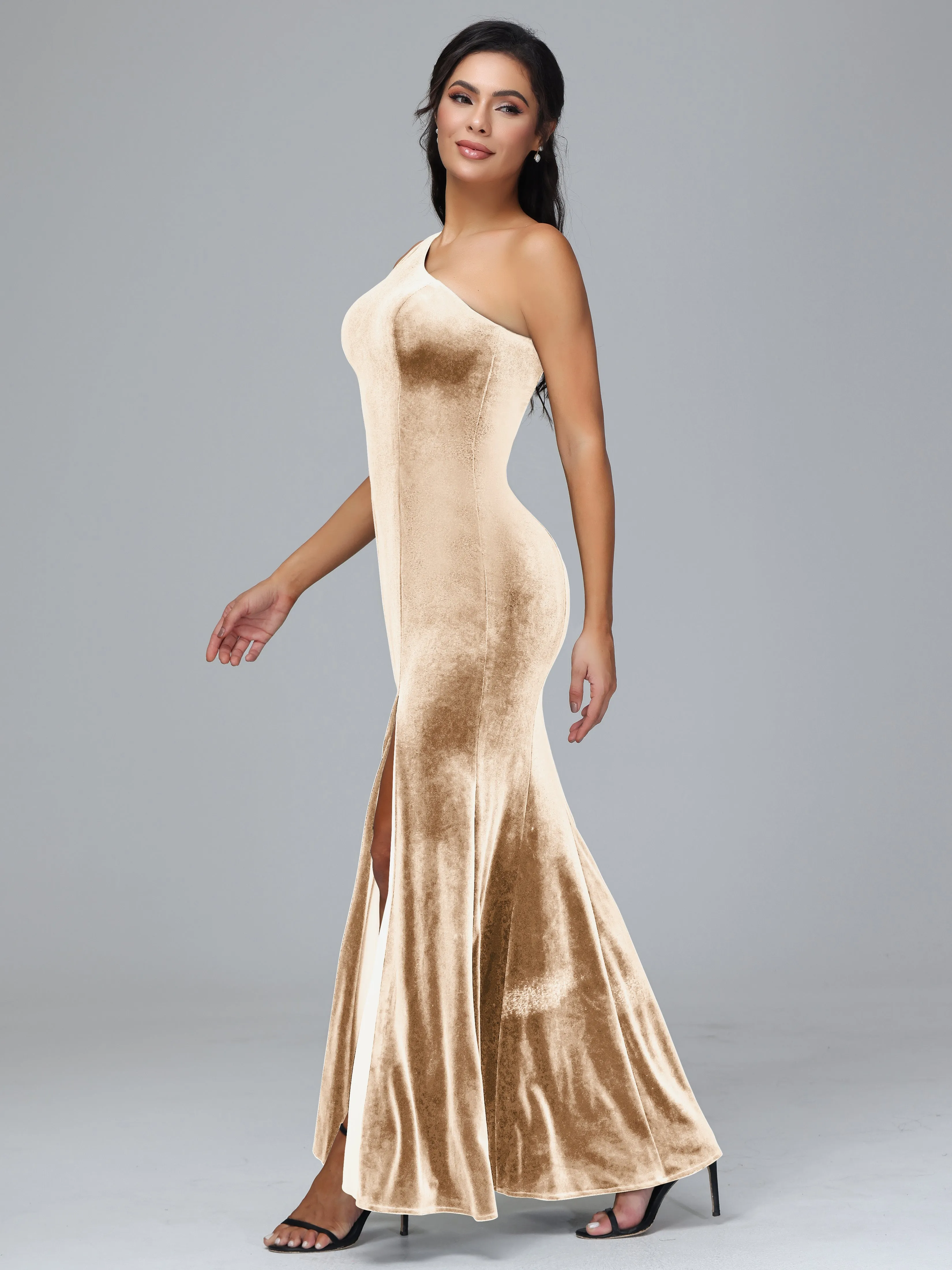 Sheath/Column One Shoulder Long Velvet Bridesmaid Dresses With Split
