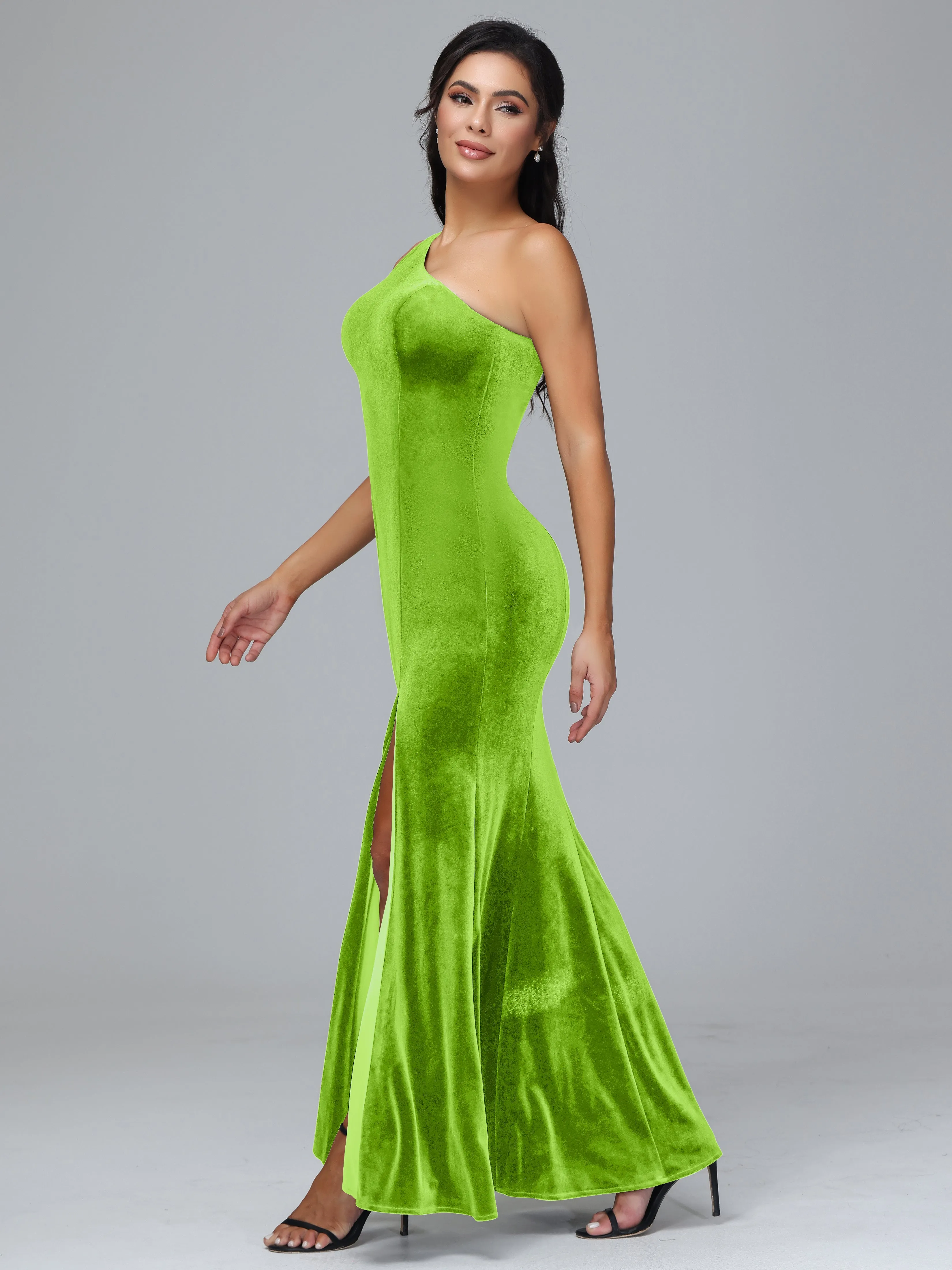 Sheath/Column One Shoulder Long Velvet Bridesmaid Dresses With Split