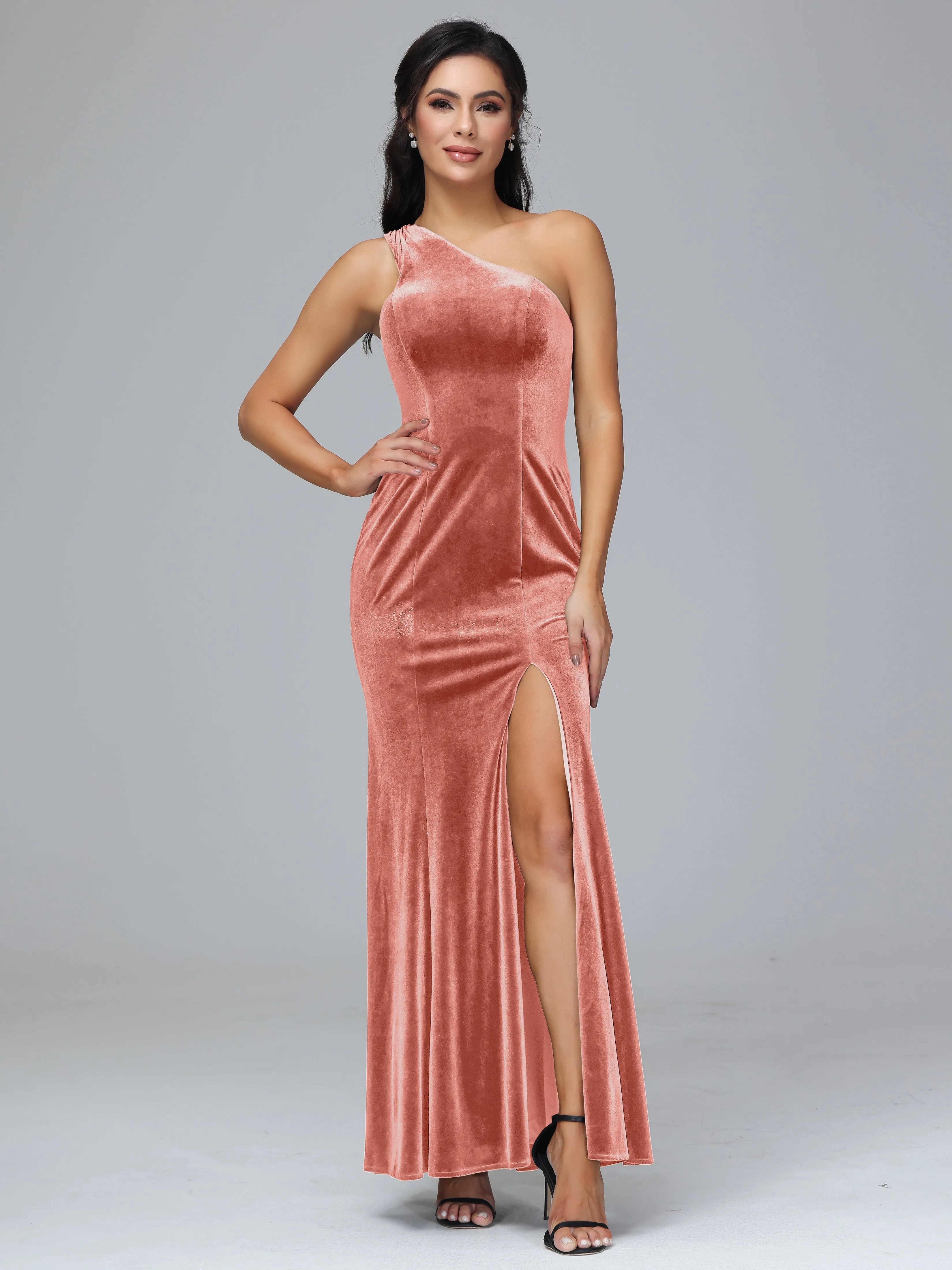 Sheath/Column One Shoulder Long Velvet Bridesmaid Dresses With Split