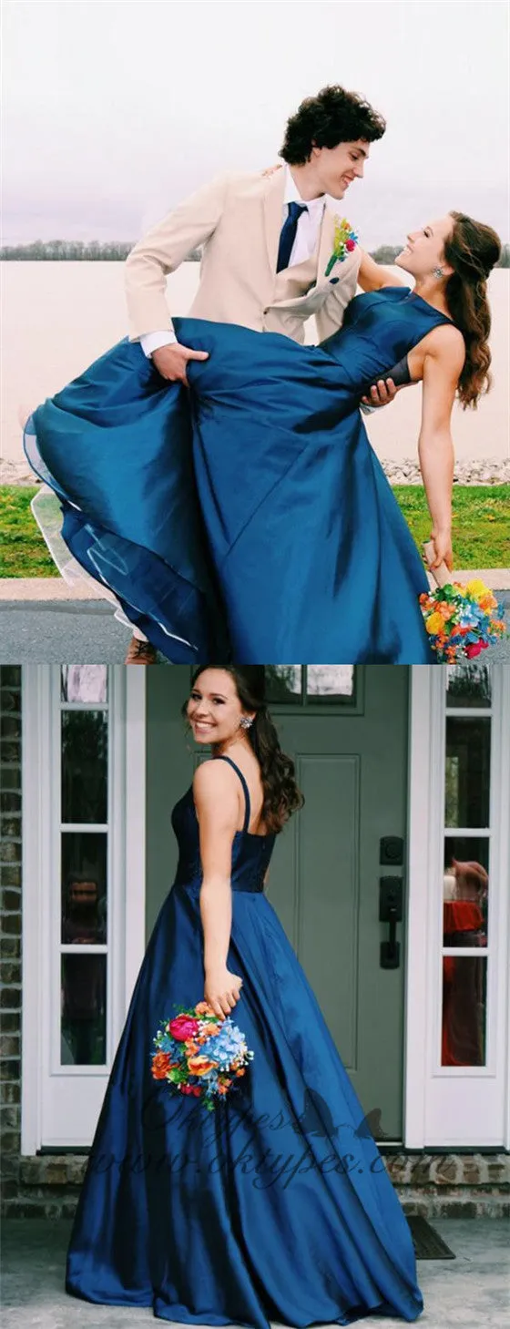 Simple A Line Jewel Sleeveless Long Cheap Navy Blue Satin Prom Dresses, TYP1511