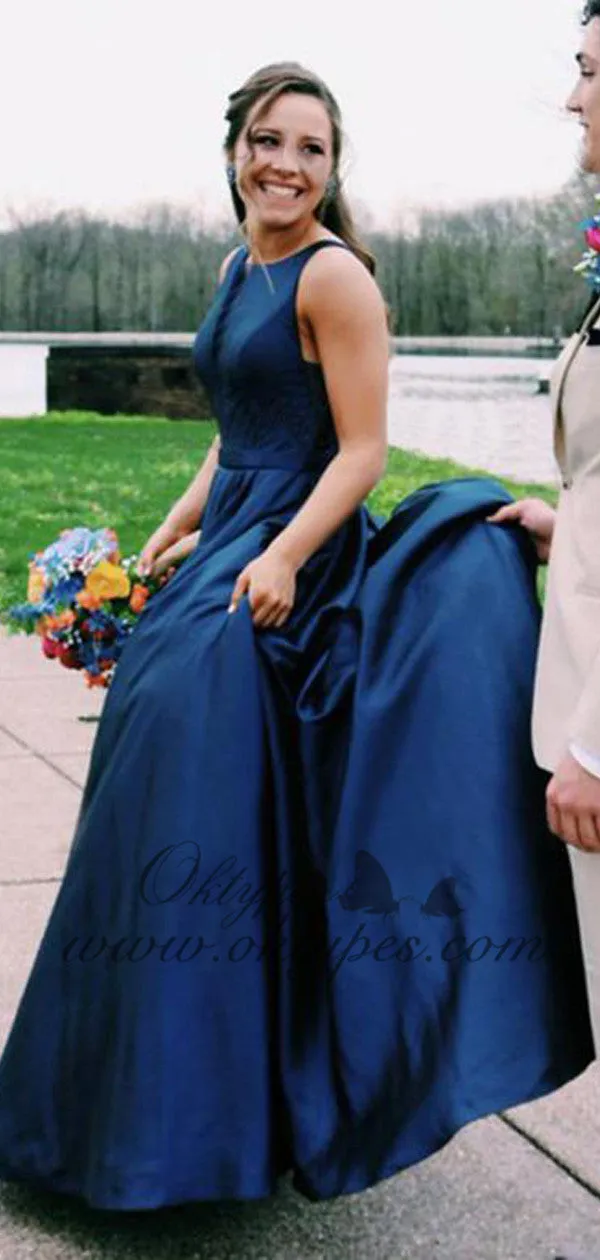 Simple A Line Jewel Sleeveless Long Cheap Navy Blue Satin Prom Dresses, TYP1511