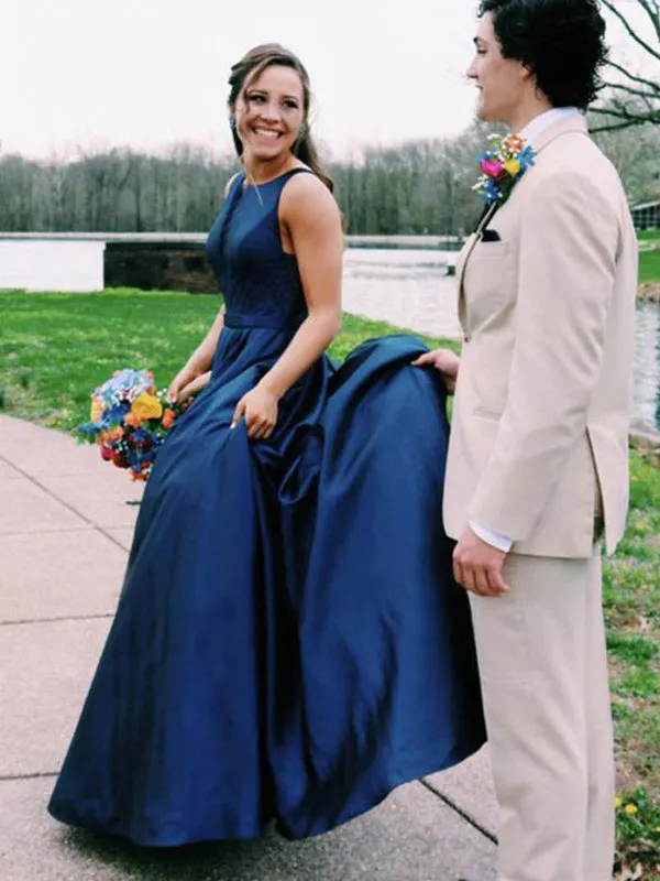 Simple A Line Jewel Sleeveless Long Cheap Navy Blue Satin Prom Dresses, TYP1511
