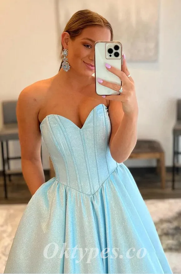 Simple Shiny Satin Sweetheart V-Neck A-Line Long Prom Dresses,PDS0733