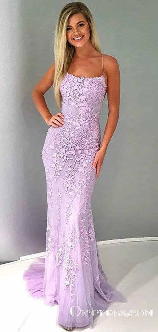 Spaghetti Straps Lilac Tulle Long Cheap Prom Dresses With Appliques, TYP1816