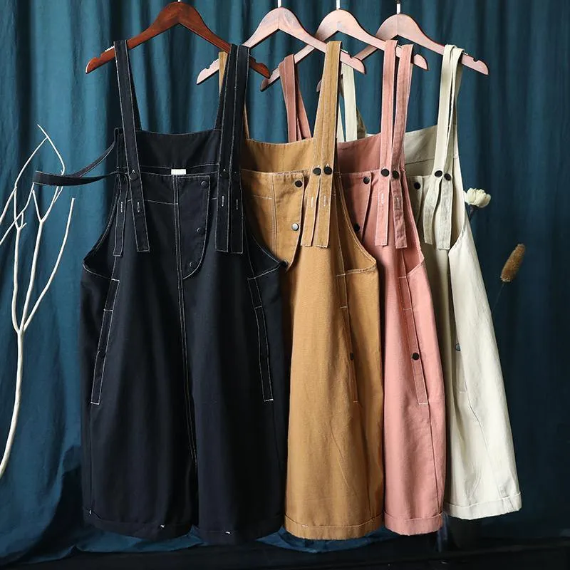 Summer 202 loose tooling brown bib pants women casual fashion five-point pants jumpsuit
