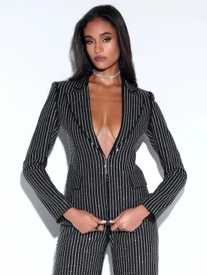 Tealyn Black Crystal Striped Blazer Jacket