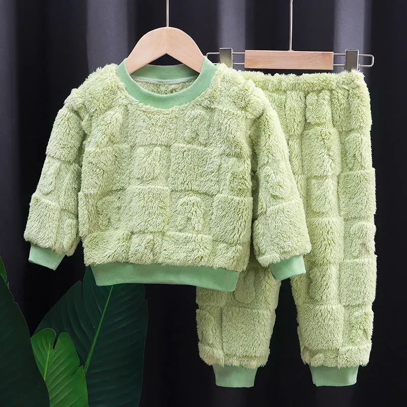Toddler Kids Boys Girls Winter Long Sleeve Cartoon Prints Fleece Pajamas Tops Pants