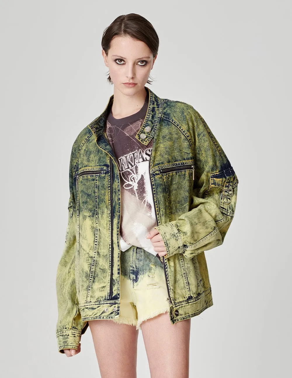 Unisex Tie-Bleached Gradient Denim Jacket