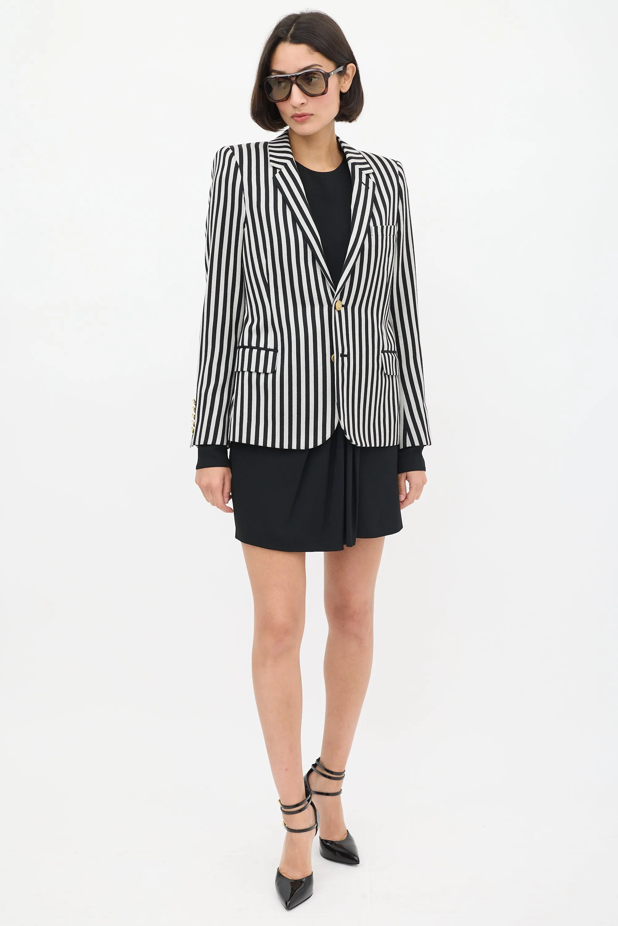 White & Black Wool & Cotton Striped Blazer