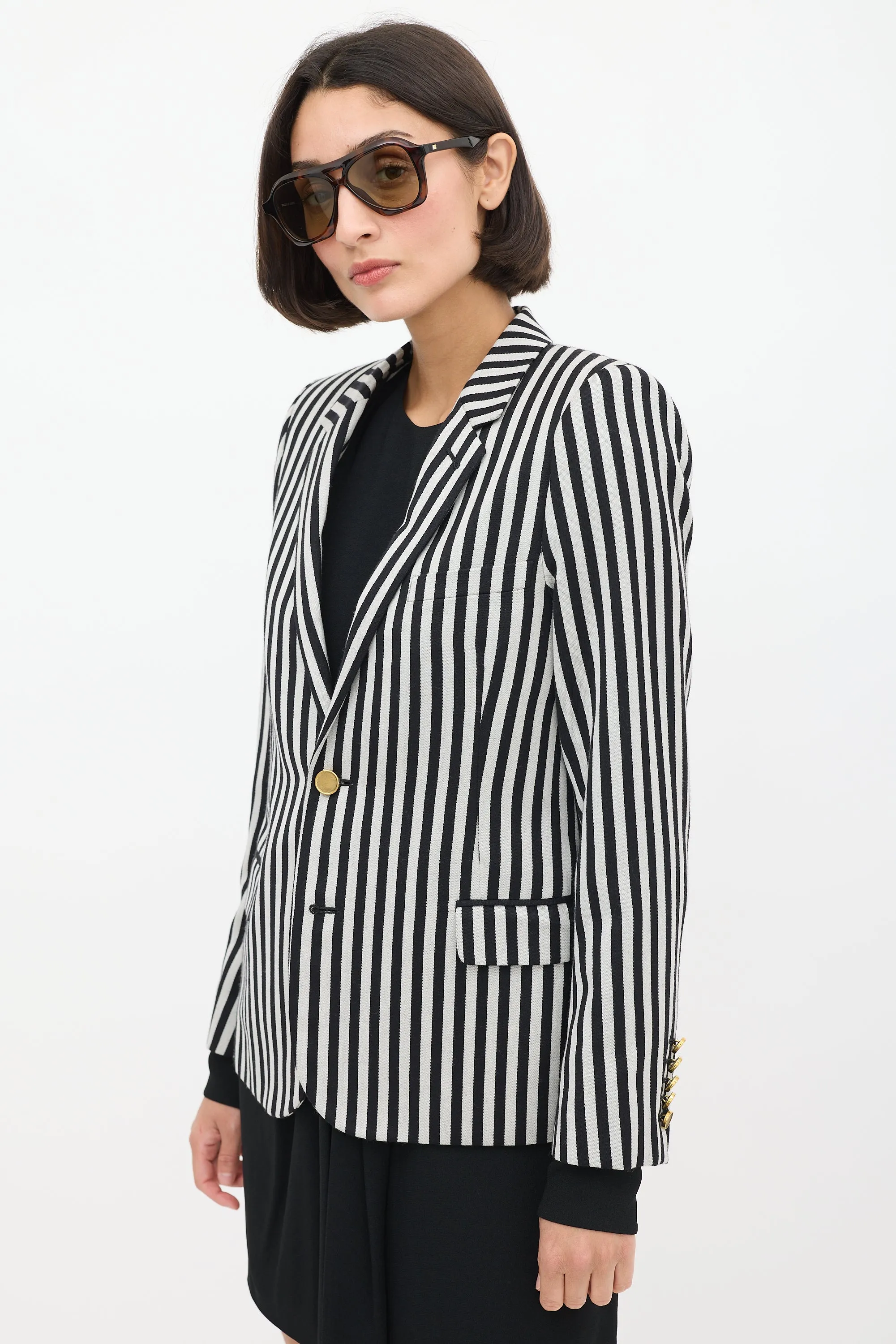 White & Black Wool & Cotton Striped Blazer