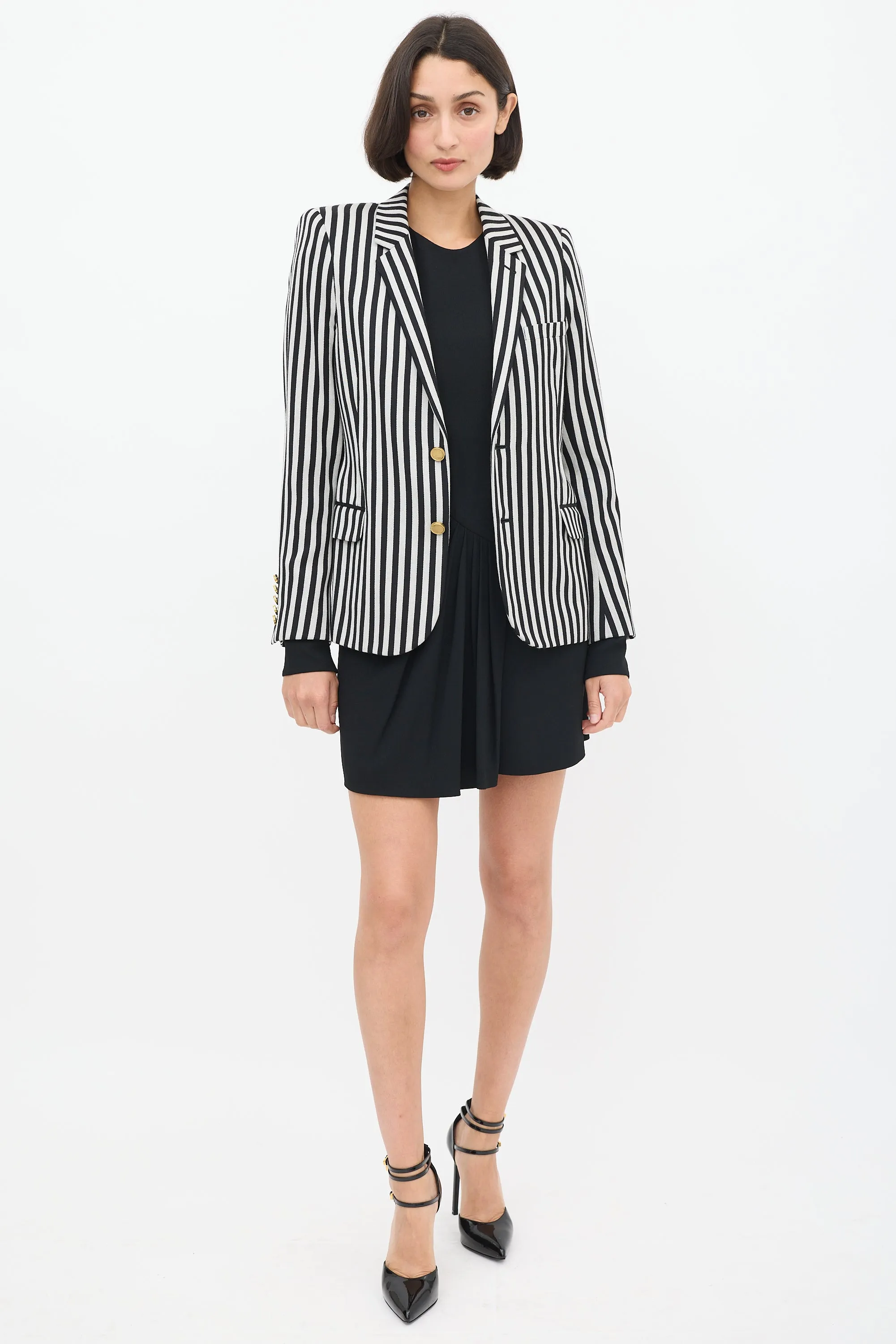 White & Black Wool & Cotton Striped Blazer