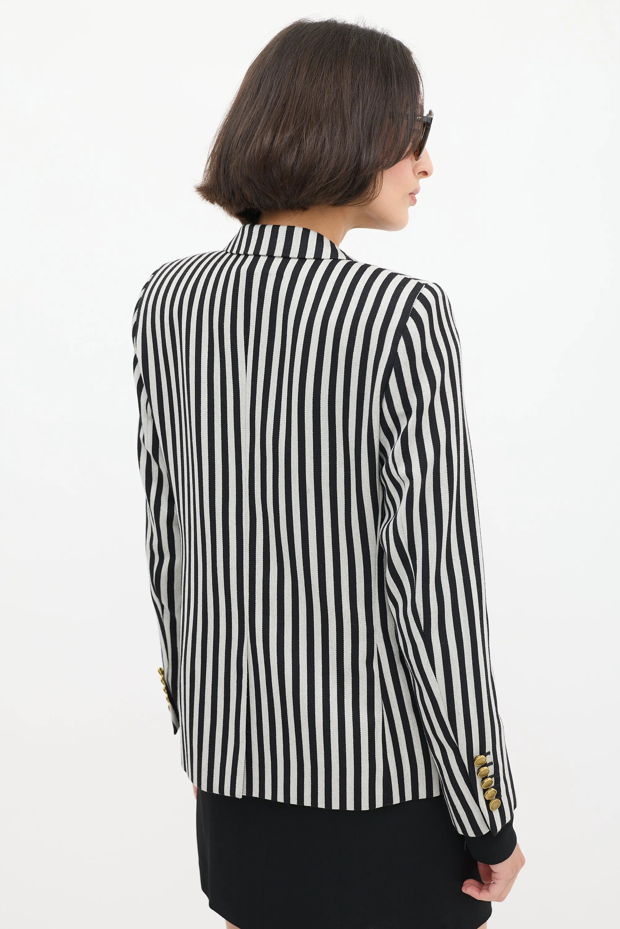 White & Black Wool & Cotton Striped Blazer
