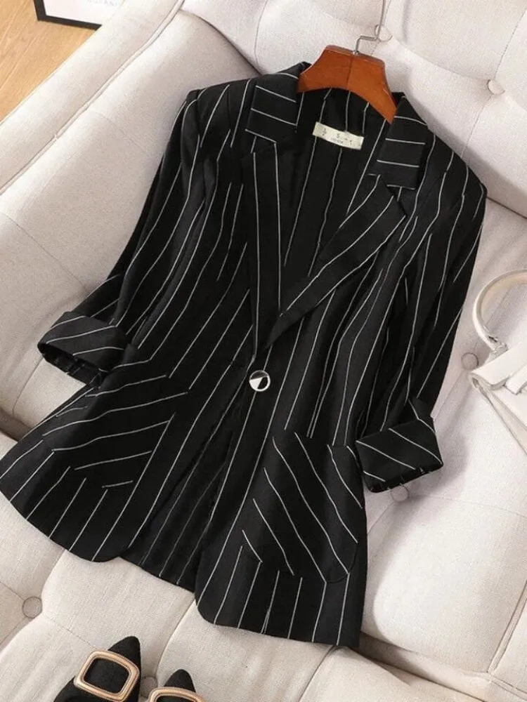 Wjczt Small Suit Jacket New Women's Spring Summer Striped Slim Sleeve Fashion Slim Suit Suit Jacket Oversize Code Clothing for Women