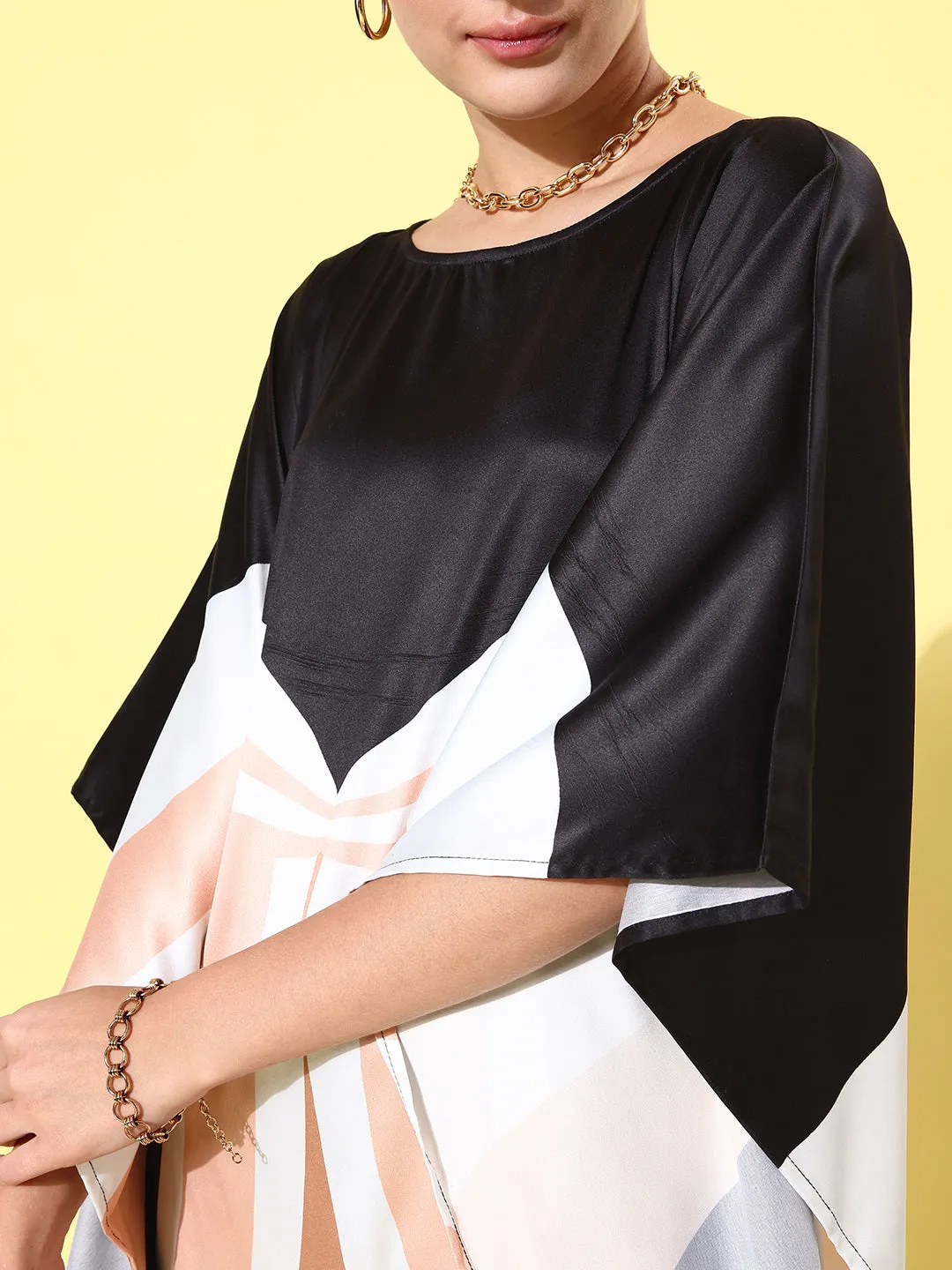 Women's Satin Black & Beige Kaftan Dress - StyleStone