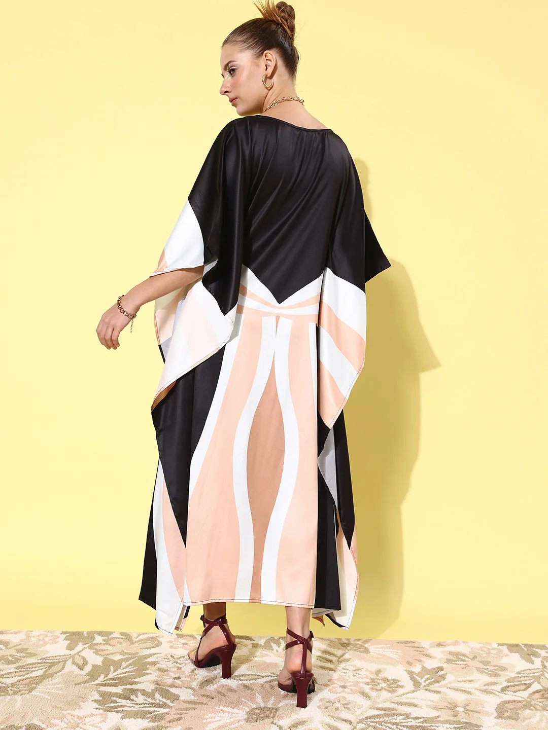 Women's Satin Black & Beige Kaftan Dress - StyleStone
