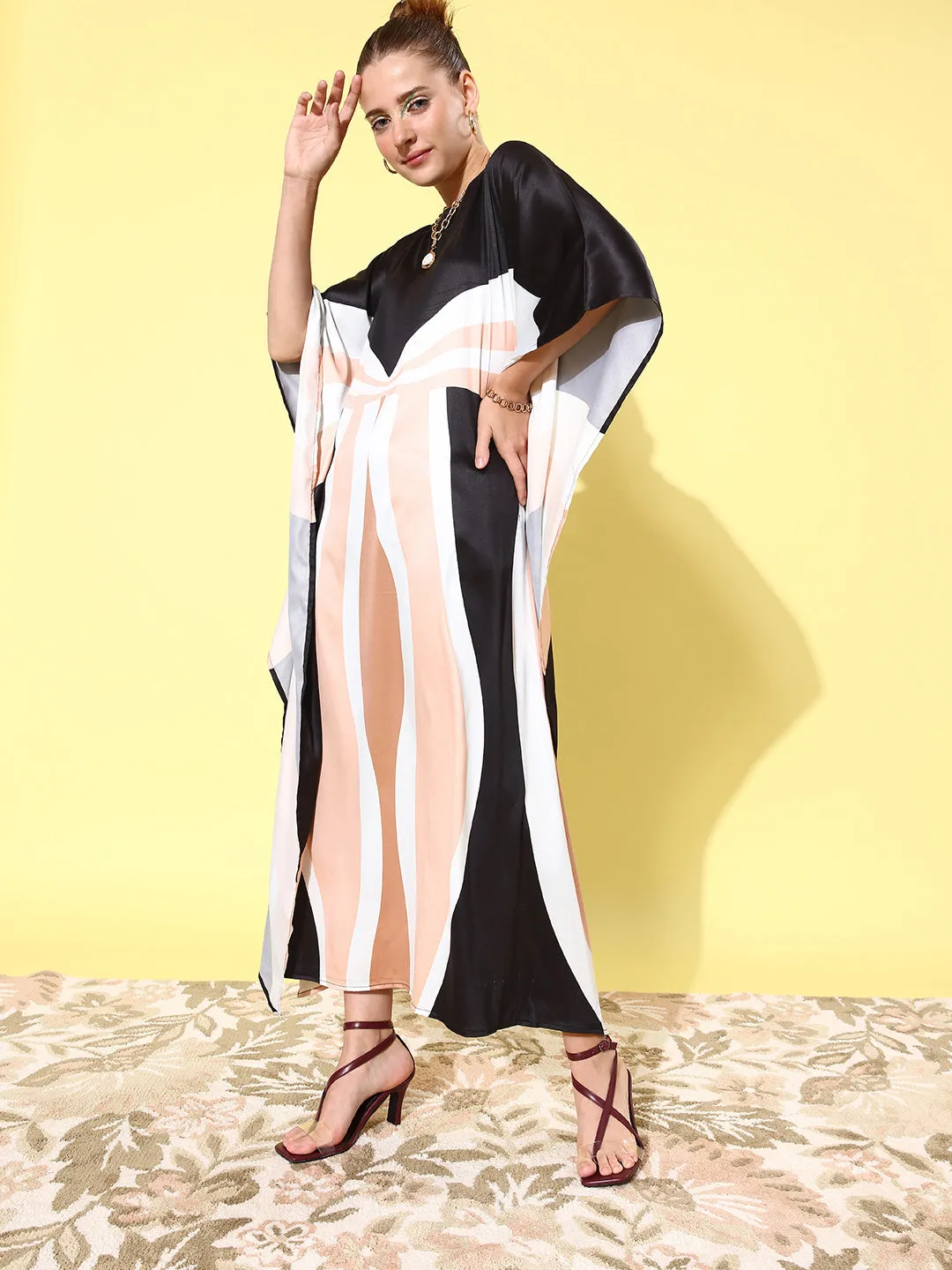 Women's Satin Black & Beige Kaftan Dress - StyleStone