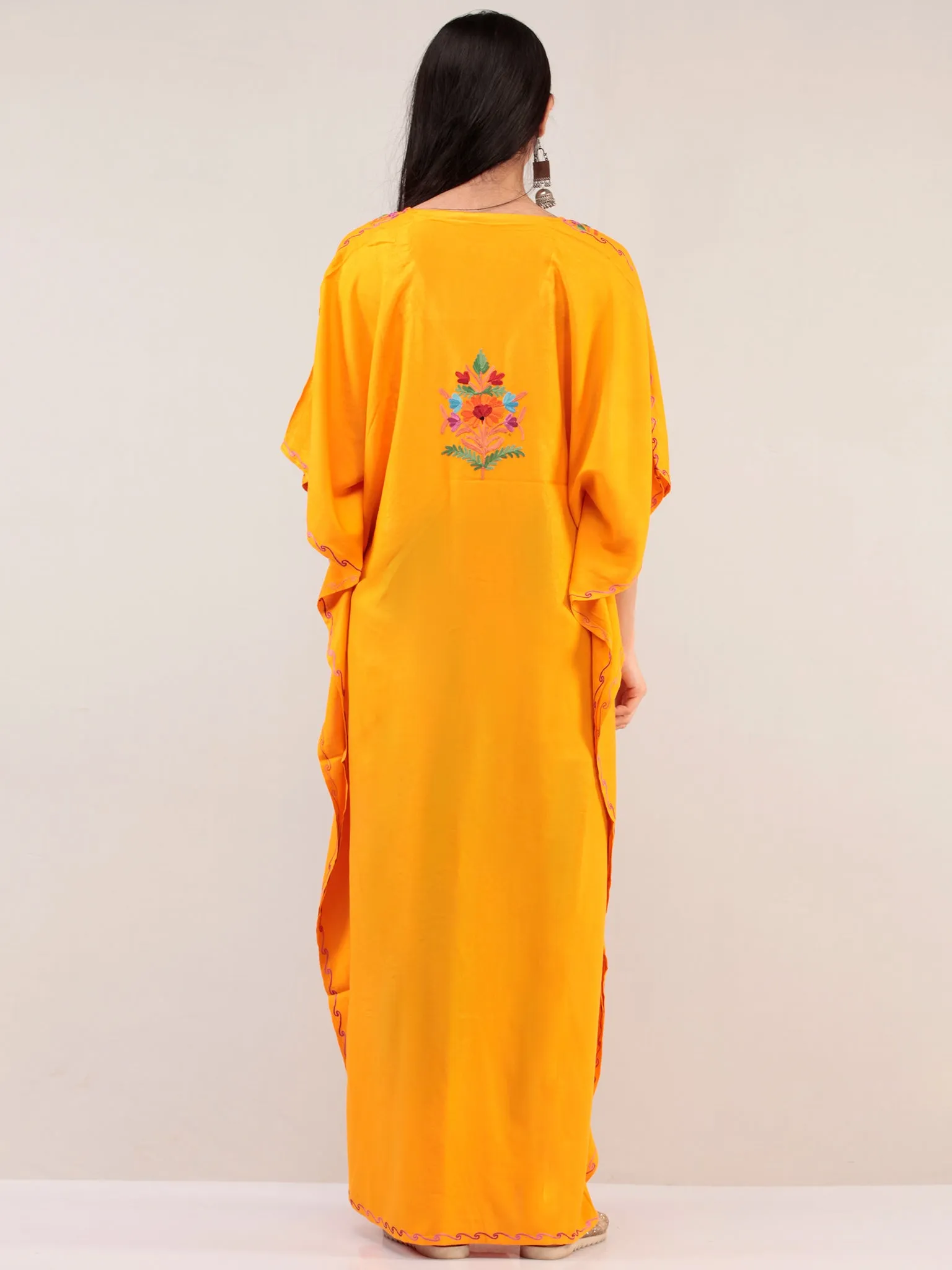 Yellow Aari Embroidered Kashmere Free Size Kaftan  - K12K063