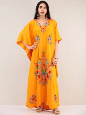 Yellow Aari Embroidered Kashmere Free Size Kaftan  - K12K063