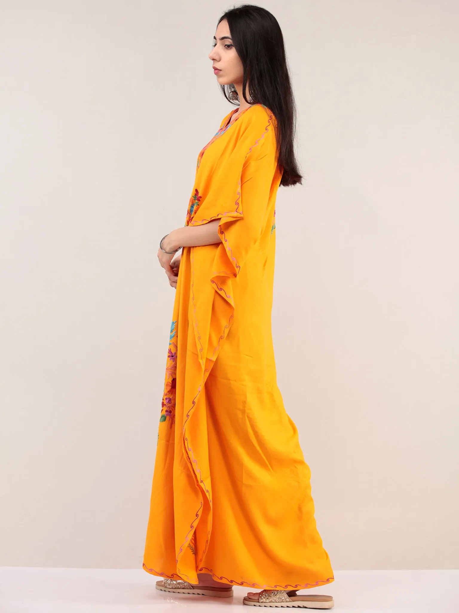 Yellow Aari Embroidered Kashmere Free Size Kaftan  - K12K063